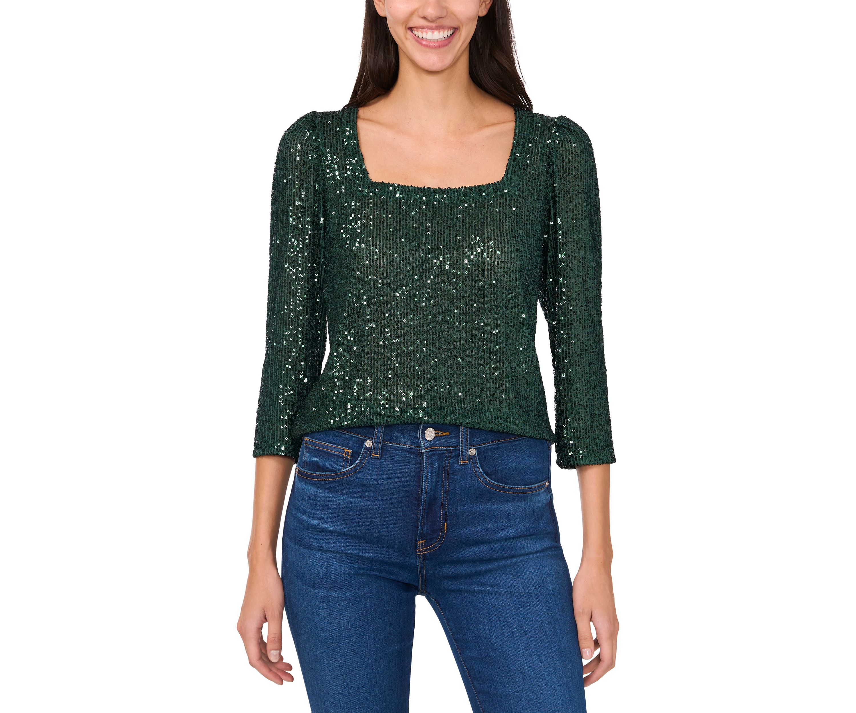 Womens 3/4 Sleeve Square Neck Sequin Top 