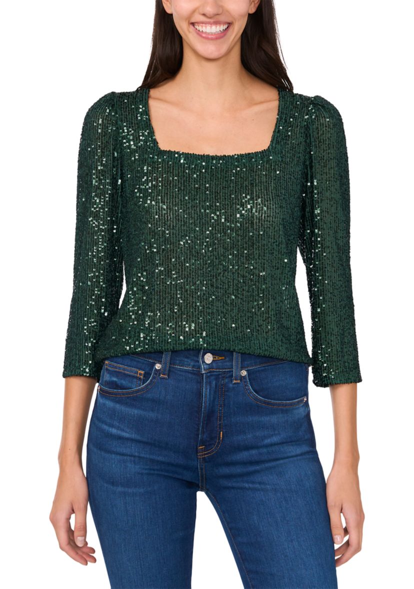 Womens 3/4 Sleeve Square Neck Sequin Top 