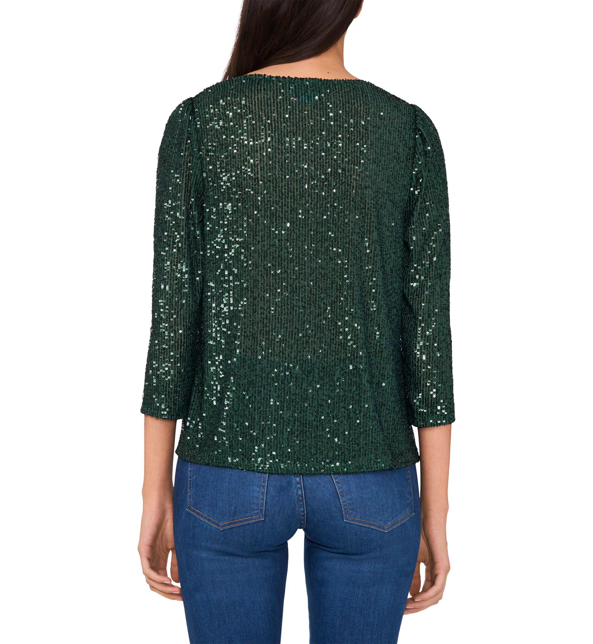 Womens 3/4 Sleeve Square Neck Sequin Top 