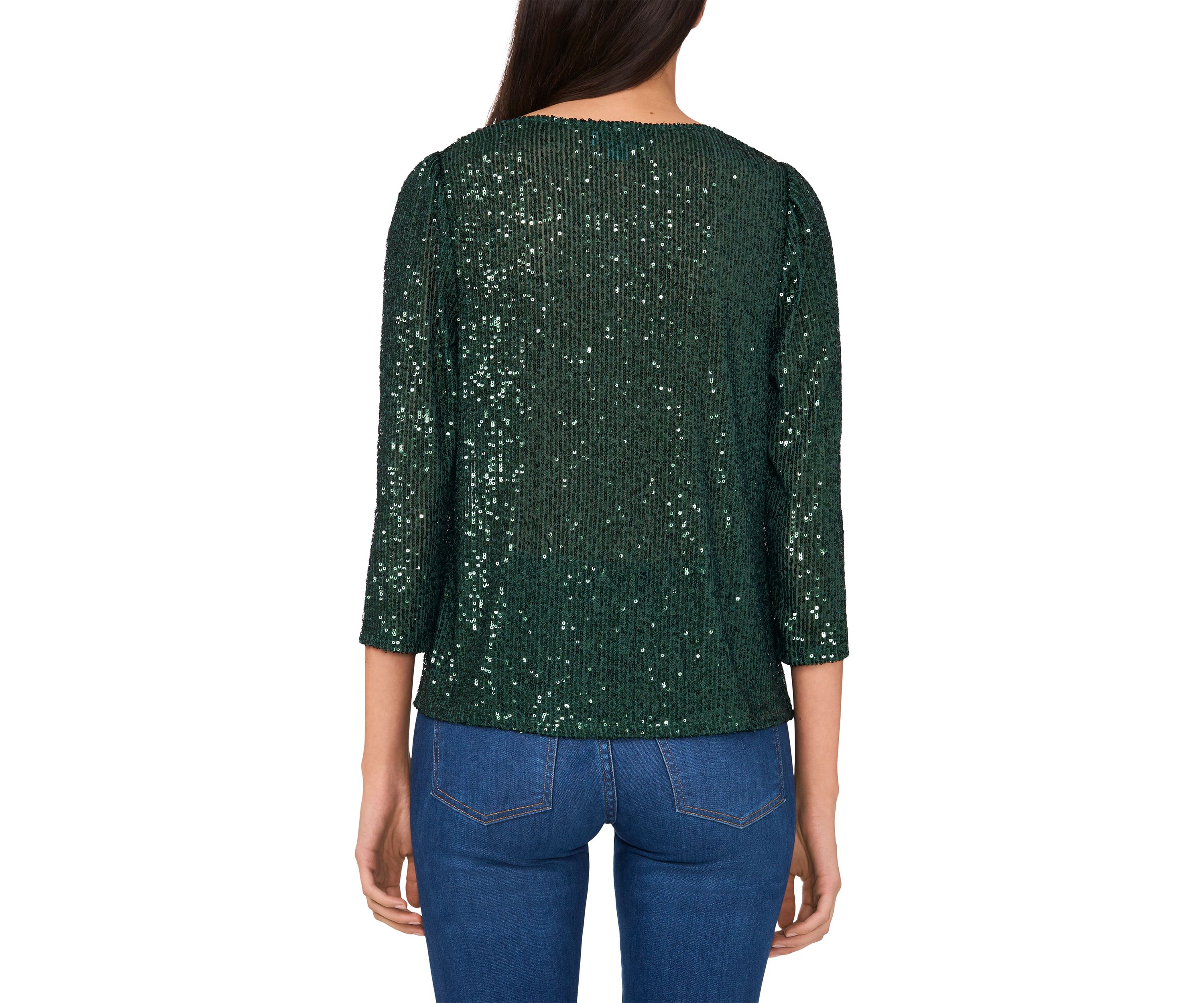 Womens 3/4 Sleeve Square Neck Sequin Top 