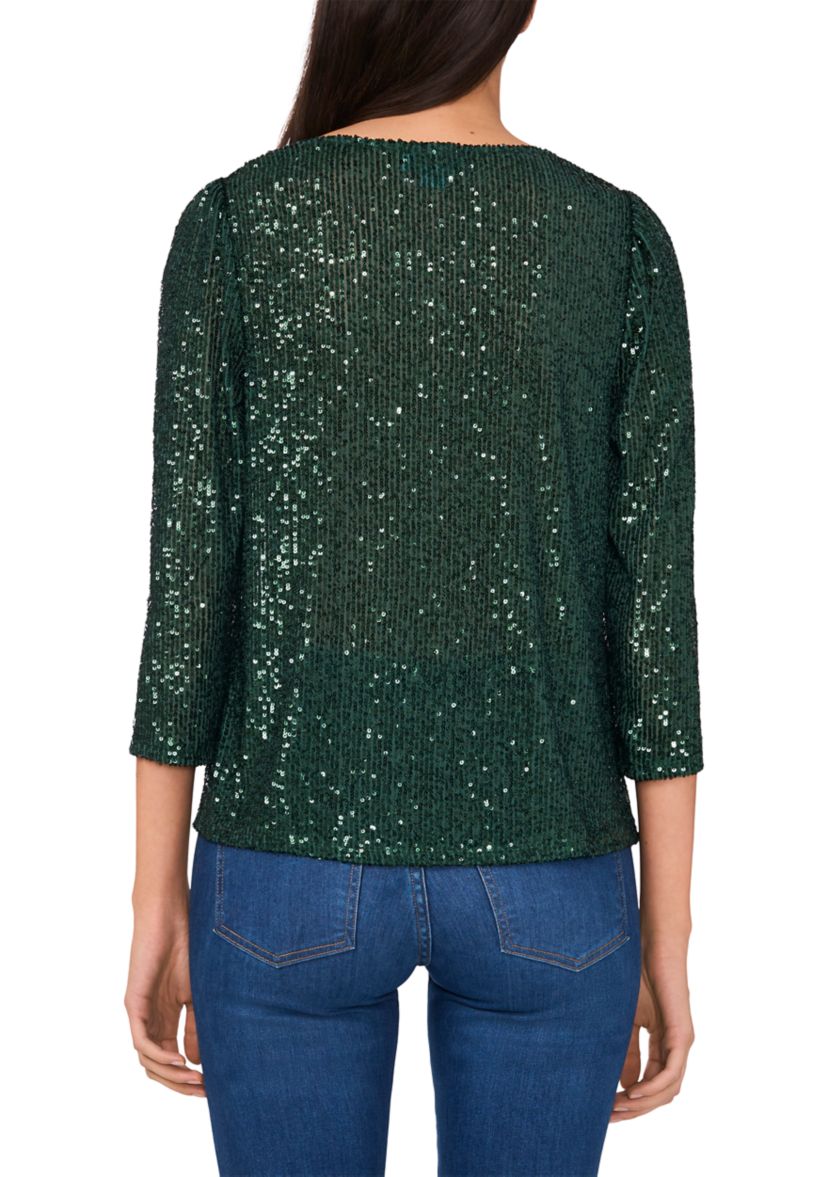 Womens 3/4 Sleeve Square Neck Sequin Top 