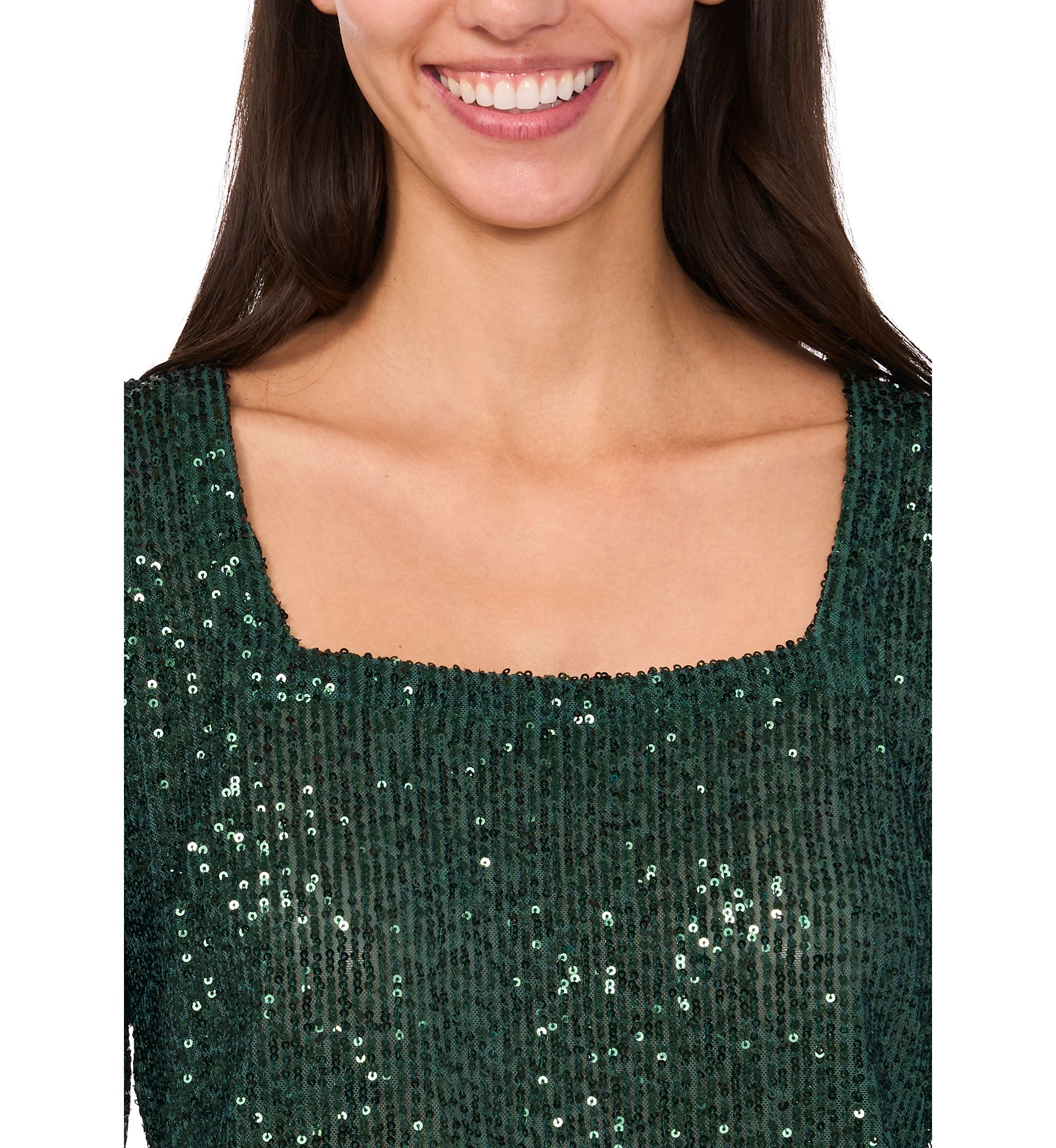 Womens 3/4 Sleeve Square Neck Sequin Top 
