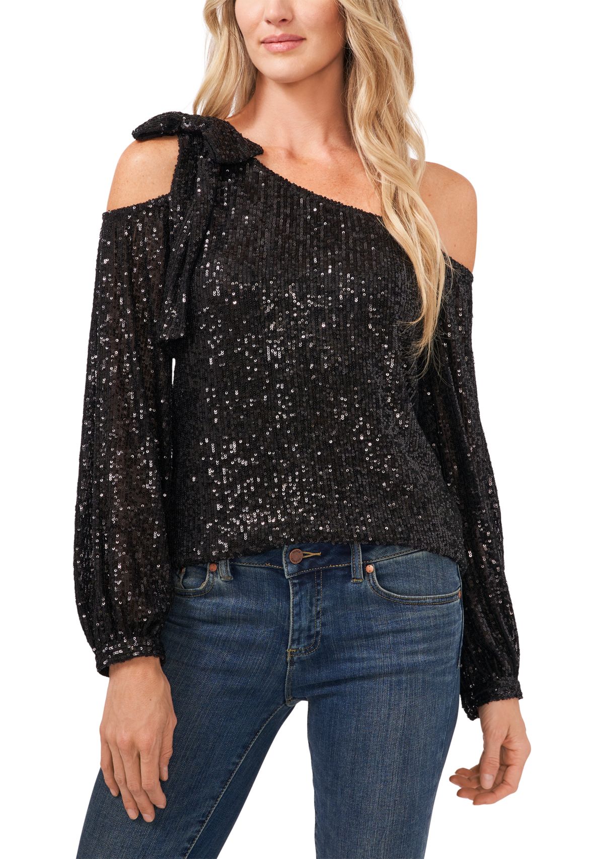Womens Long Cold Shoulder Asymmetrical Neck Sequin Top