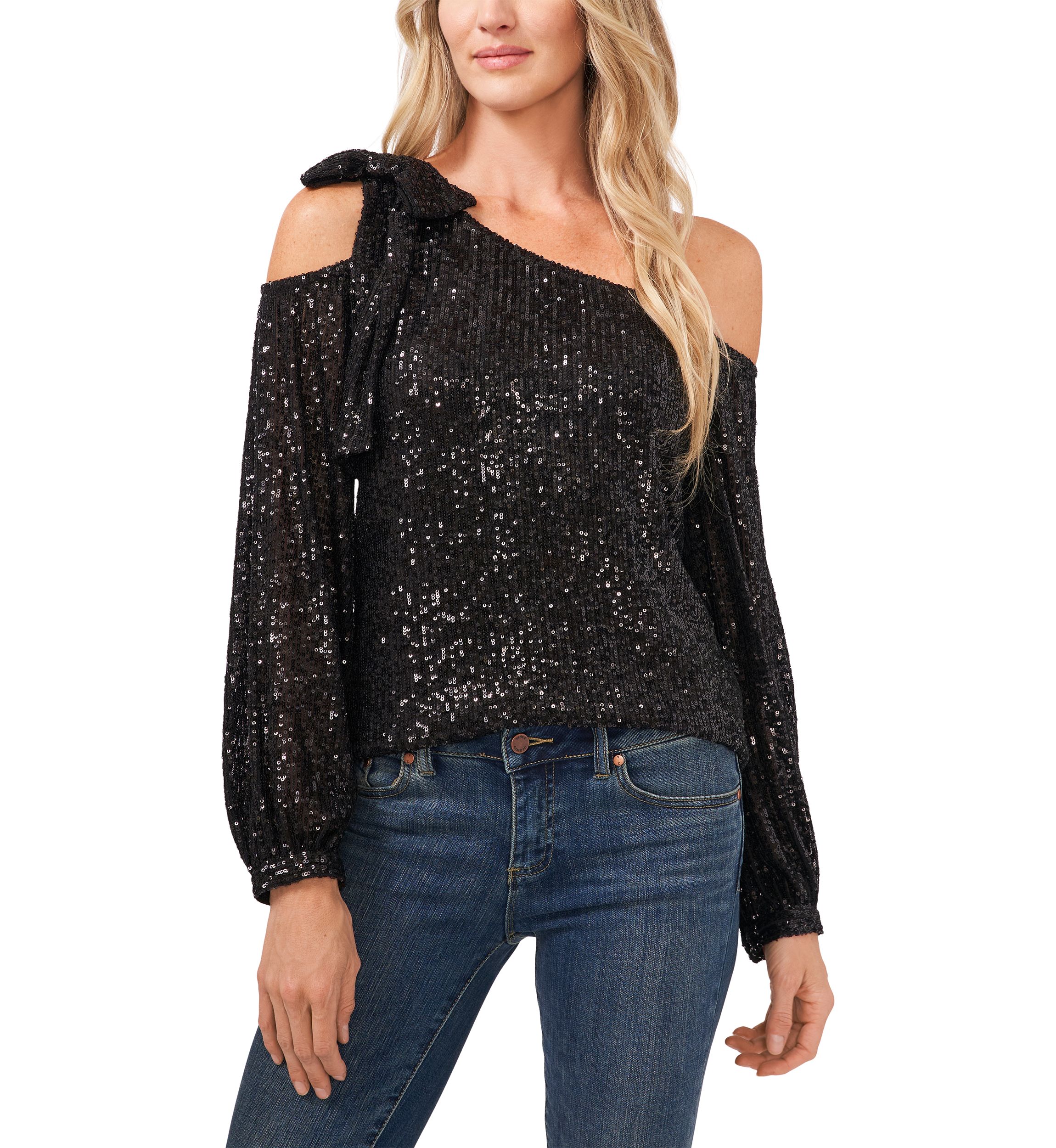 Womens Long Cold Shoulder Asymmetrical Neck Sequin Top