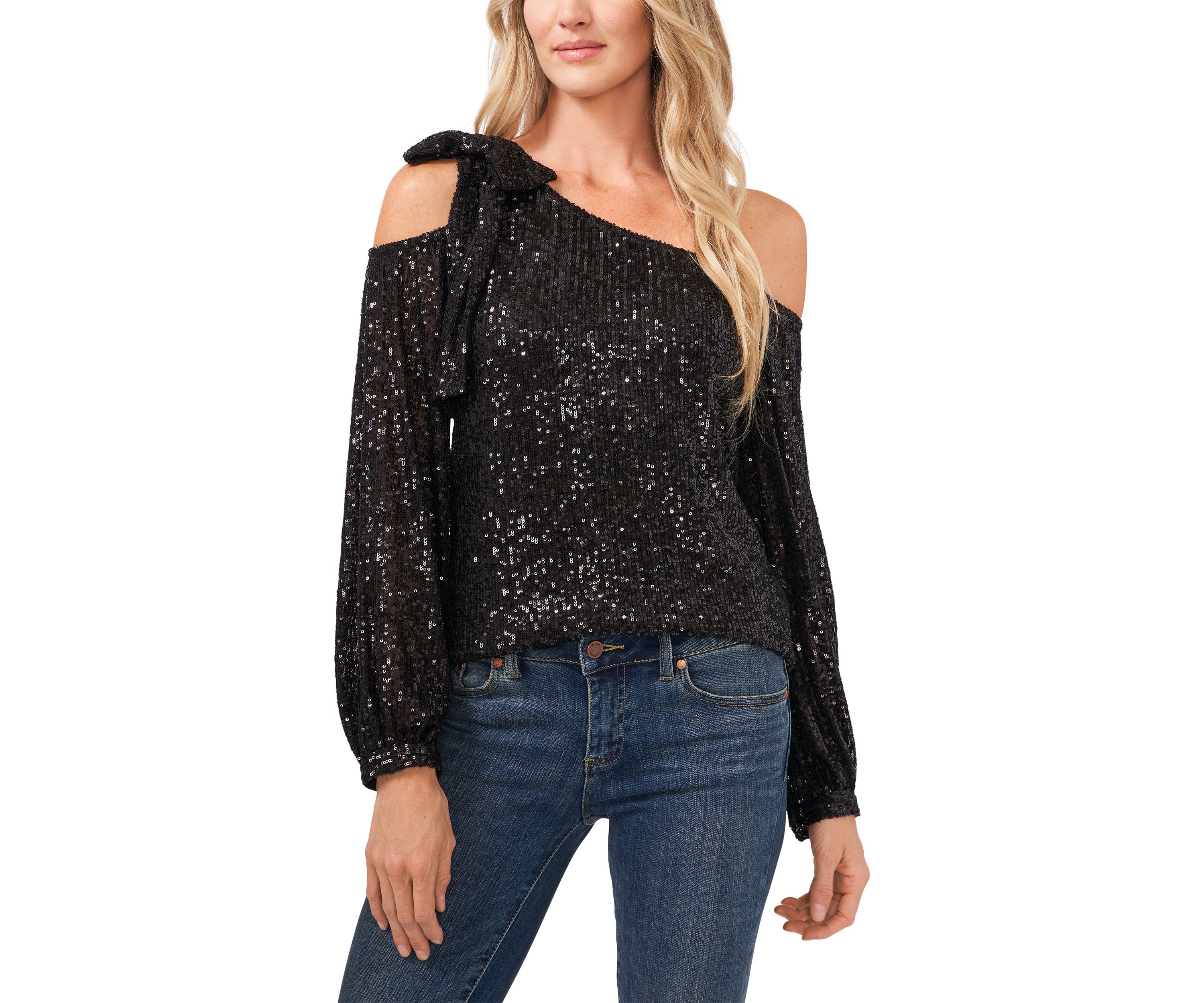 Womens Long Cold Shoulder Asymmetrical Neck Sequin Top