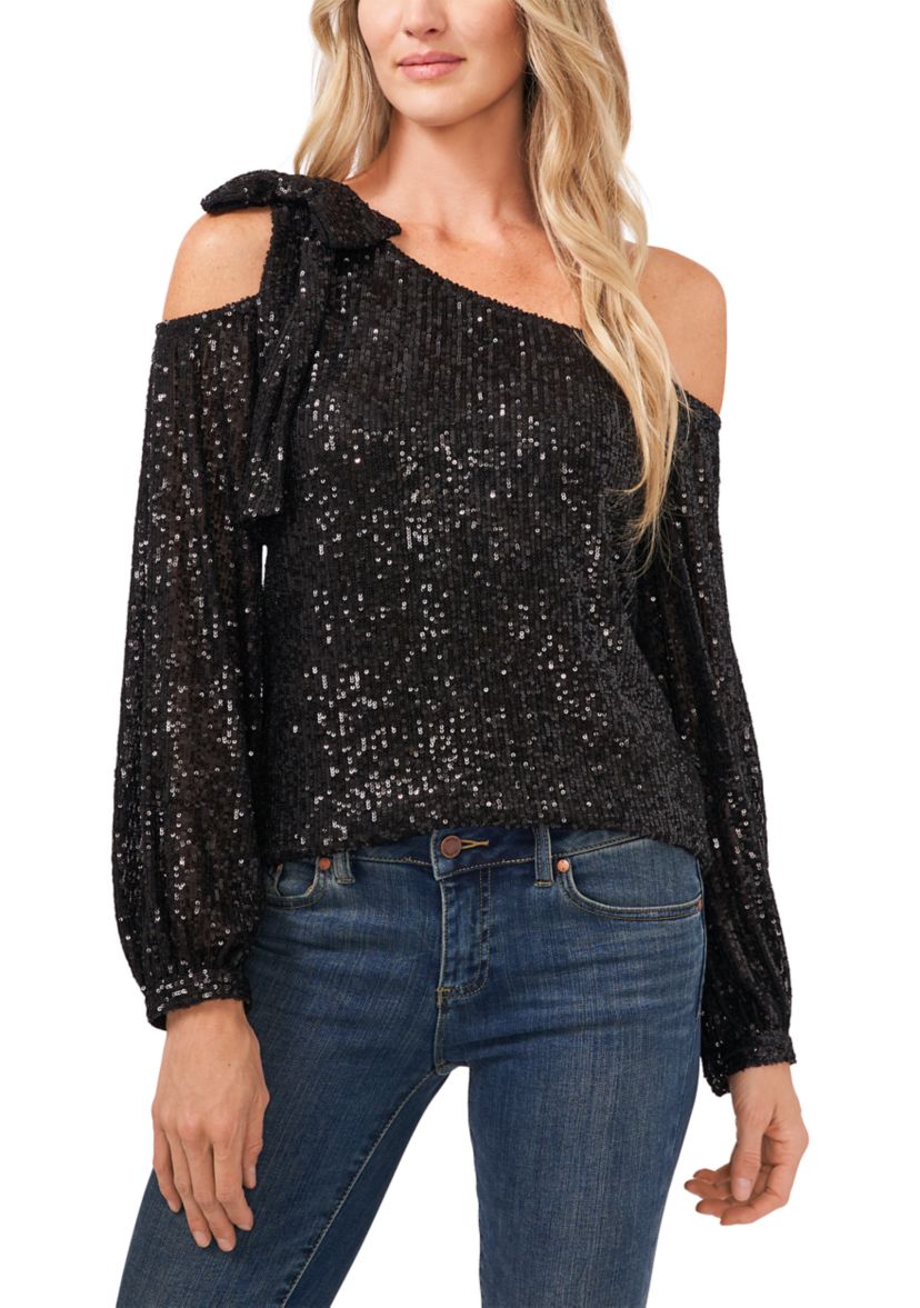 Womens Long Cold Shoulder Asymmetrical Neck Sequin Top