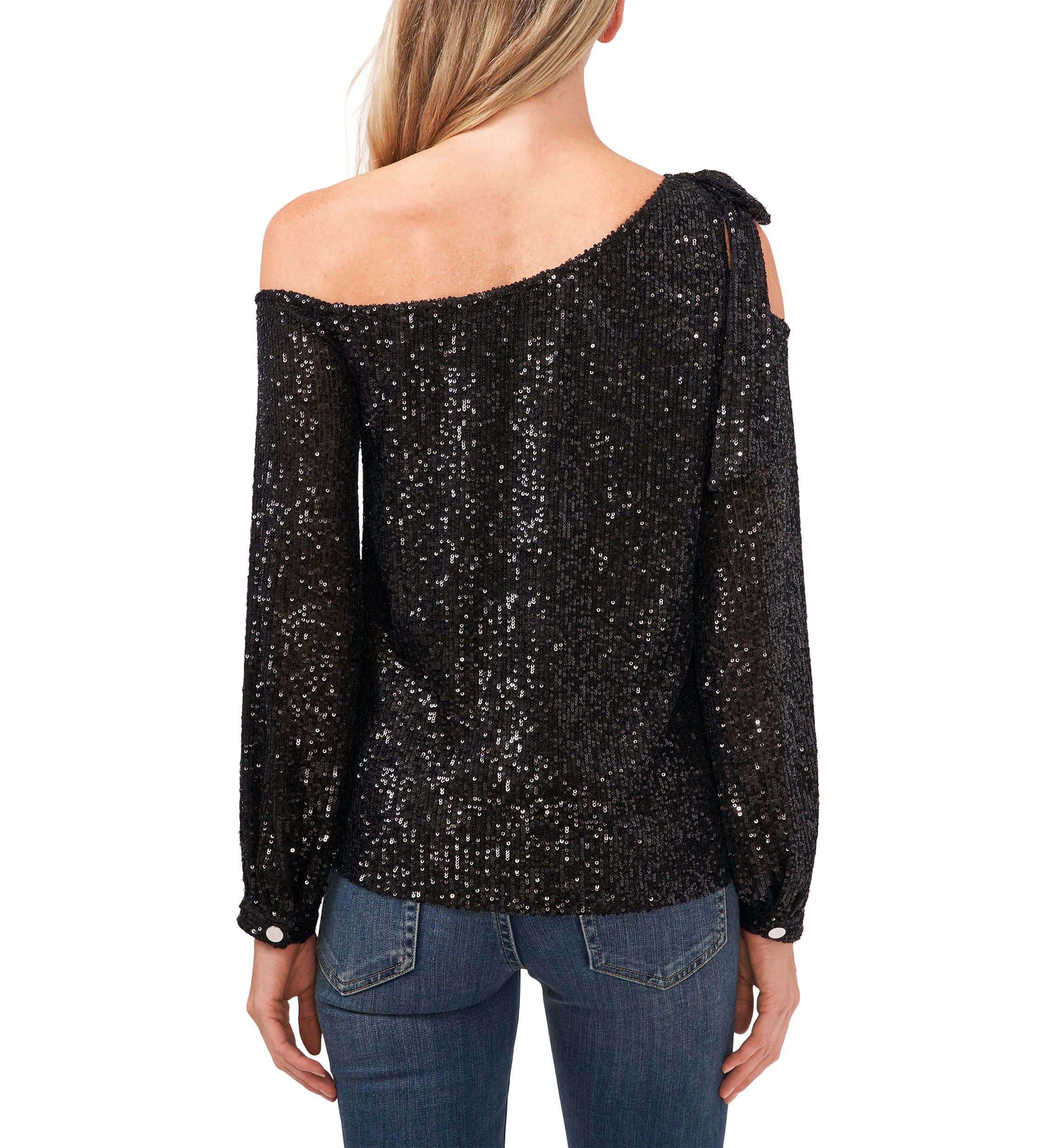 Womens Long Cold Shoulder Asymmetrical Neck Sequin Top