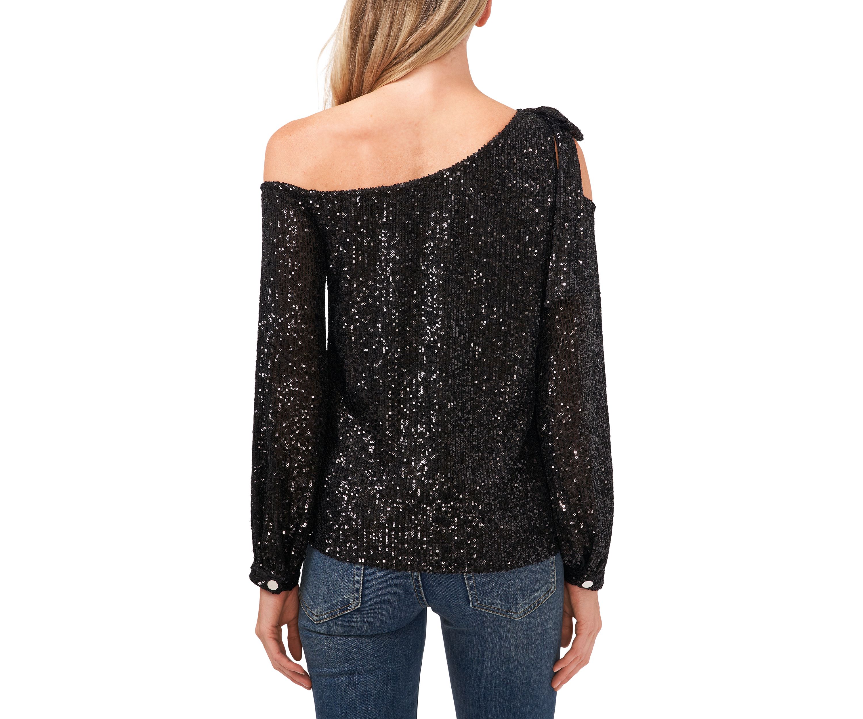 Womens Long Cold Shoulder Asymmetrical Neck Sequin Top