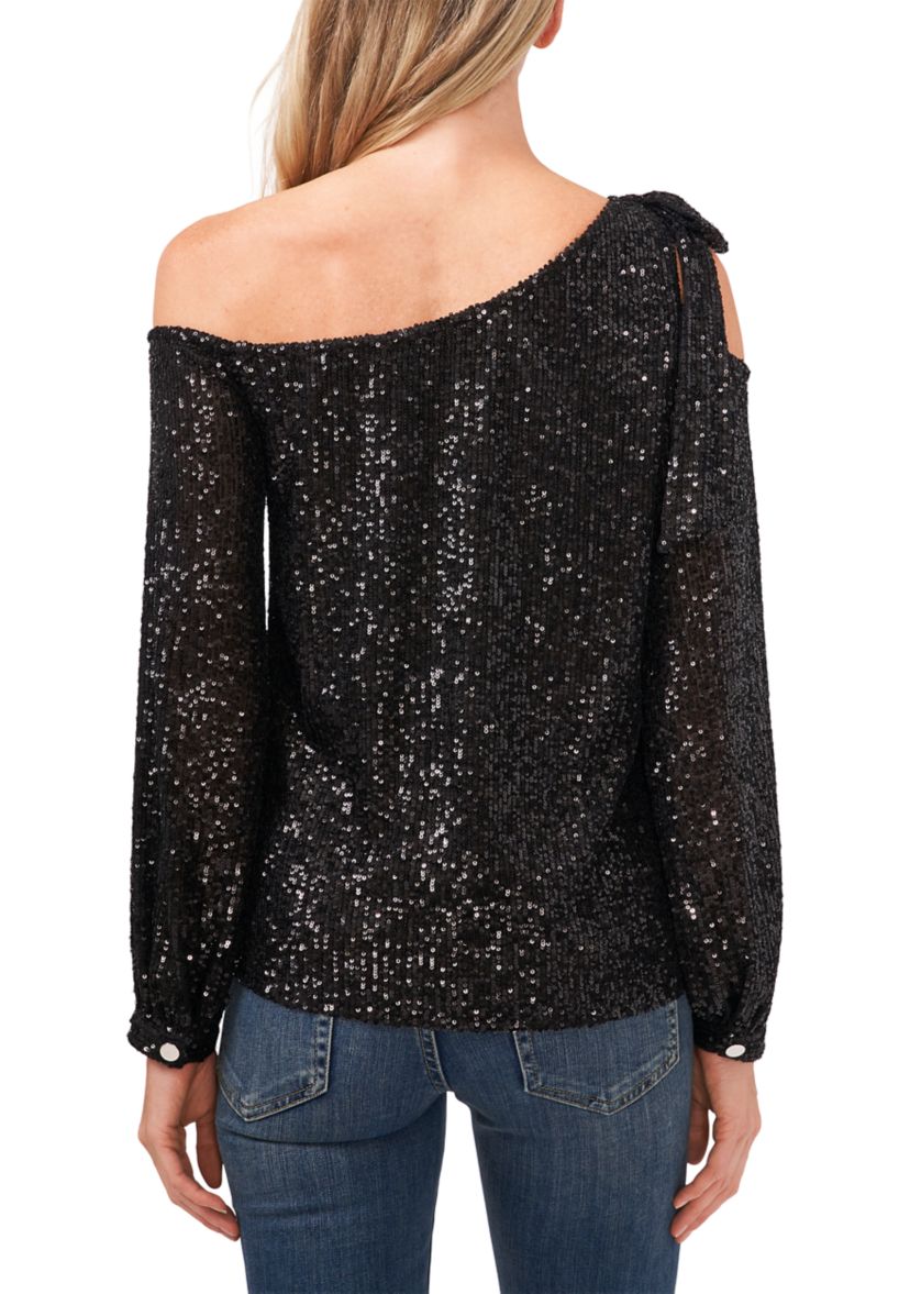 Womens Long Cold Shoulder Asymmetrical Neck Sequin Top