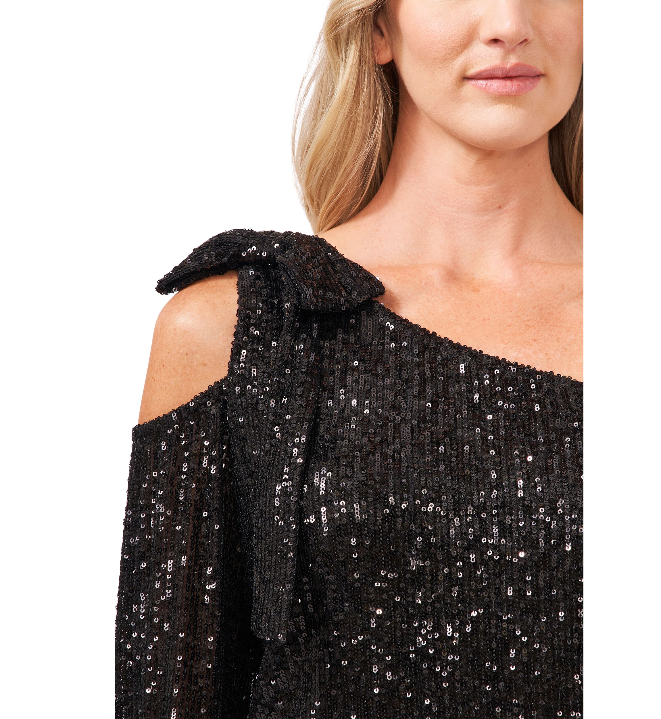 Womens Long Cold Shoulder Asymmetrical Neck Sequin Top