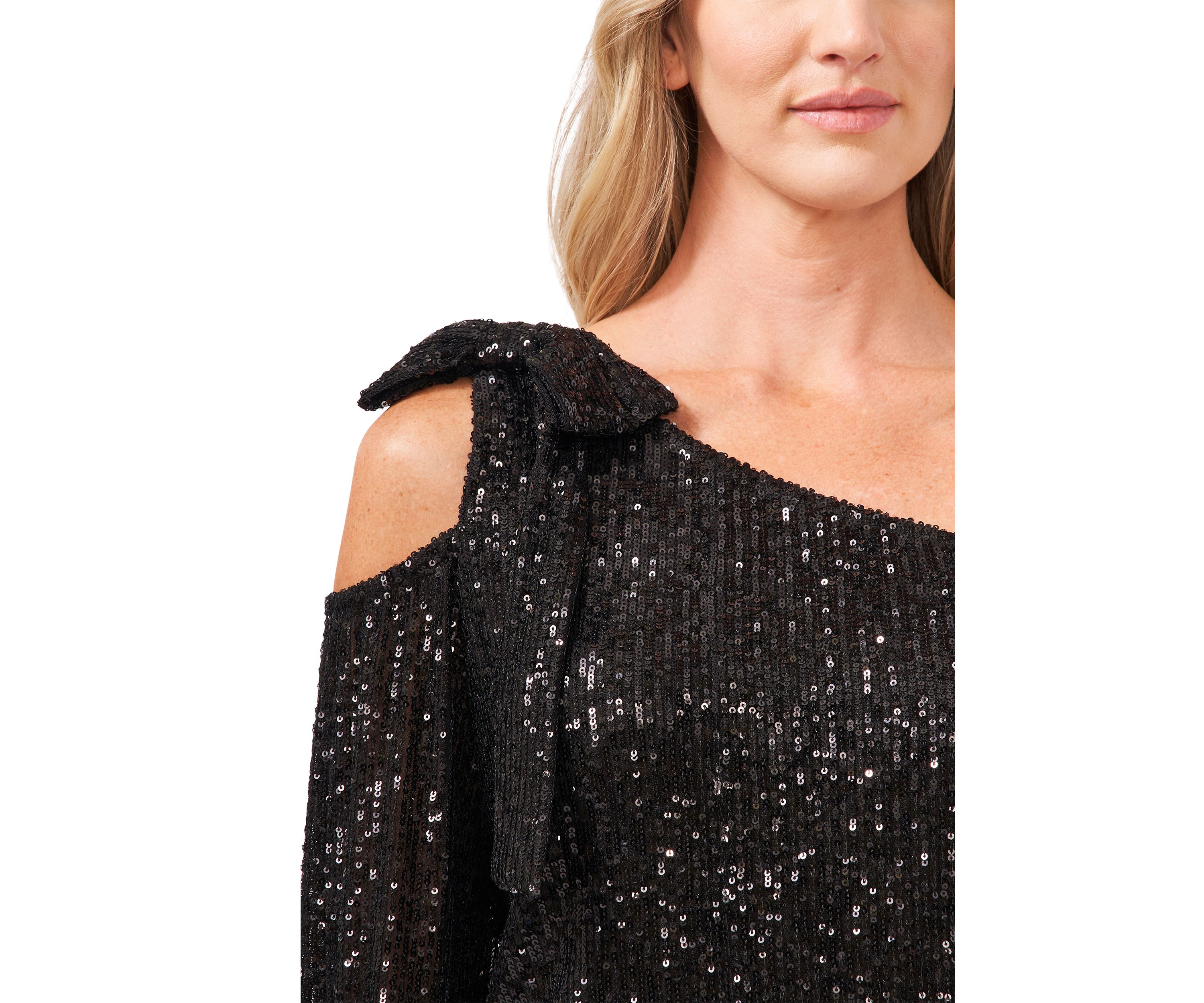 Womens Long Cold Shoulder Asymmetrical Neck Sequin Top