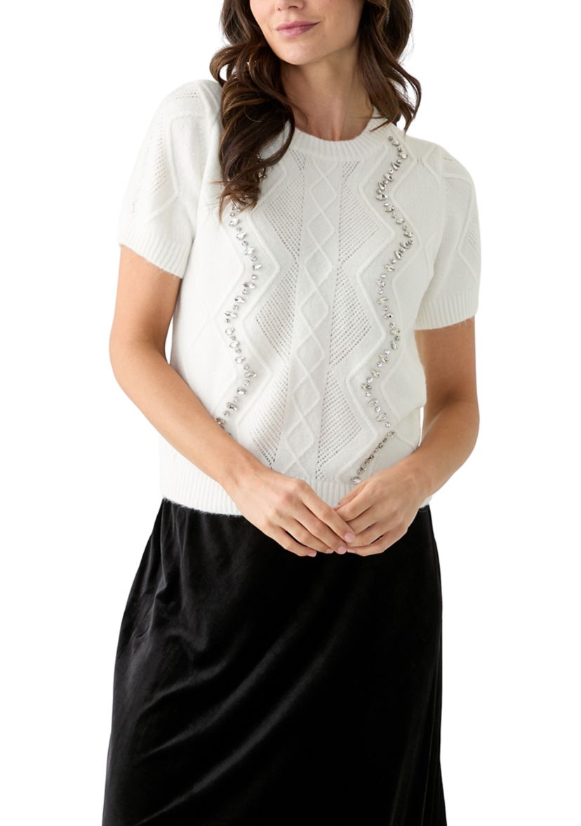 Womens Embellished Cable Knit Top