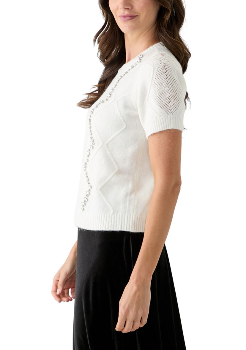Womens Embellished Cable Knit Top