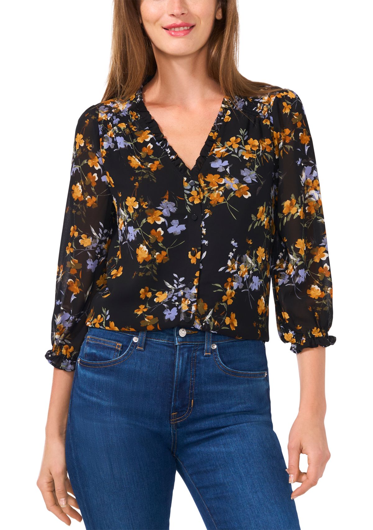 Womens 3/4 Sleeve V-Neck Button Front Top 