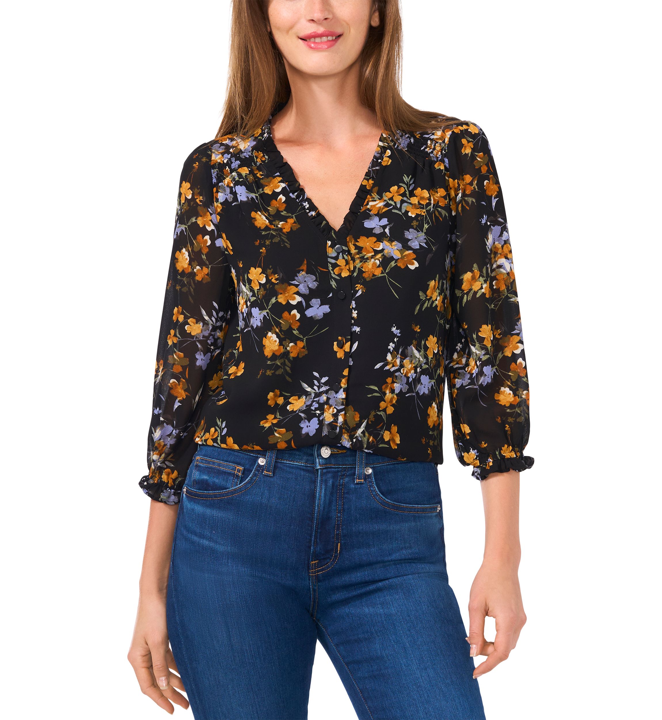 Womens 3/4 Sleeve V-Neck Button Front Top 