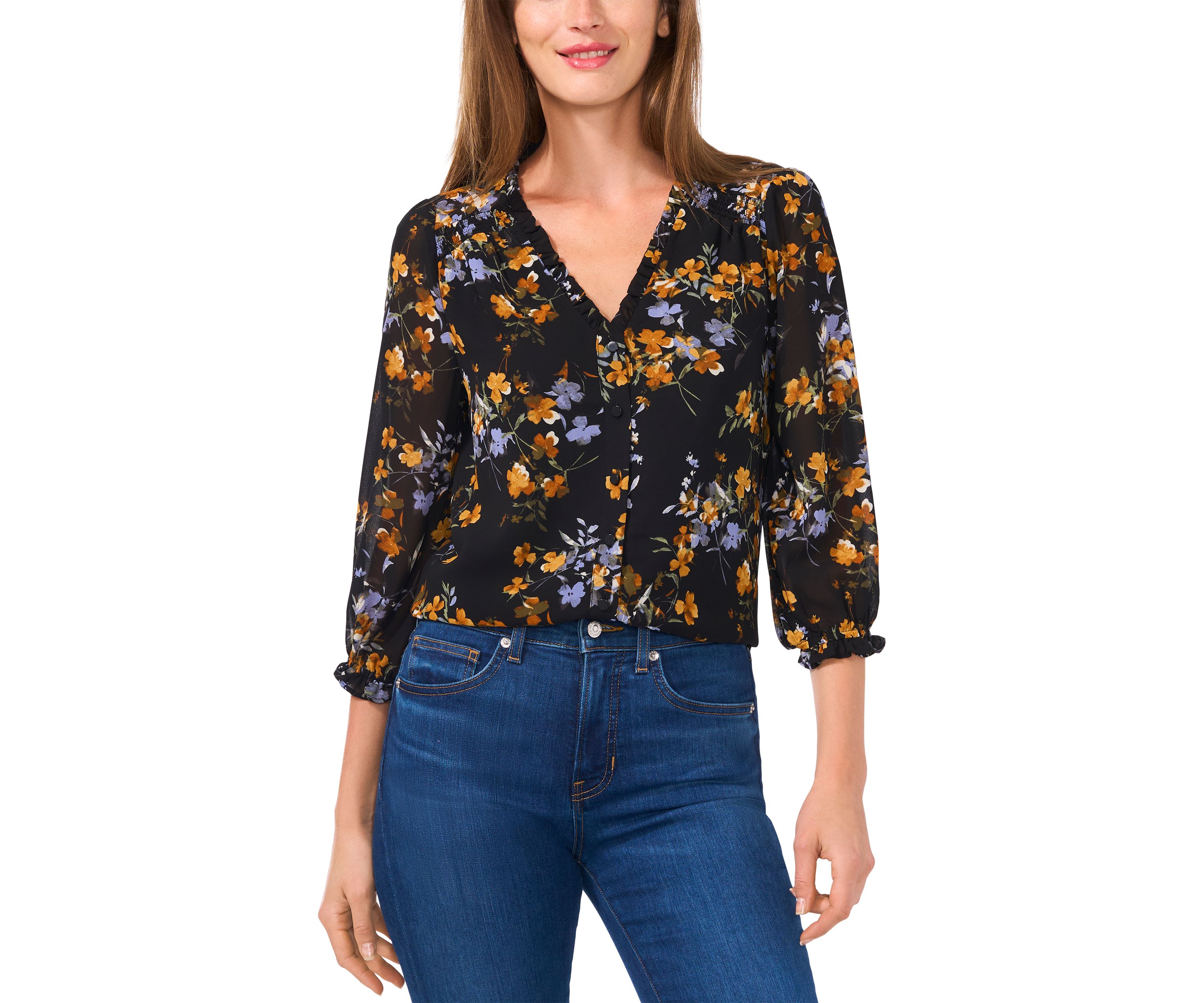 Womens 3/4 Sleeve V-Neck Button Front Top 