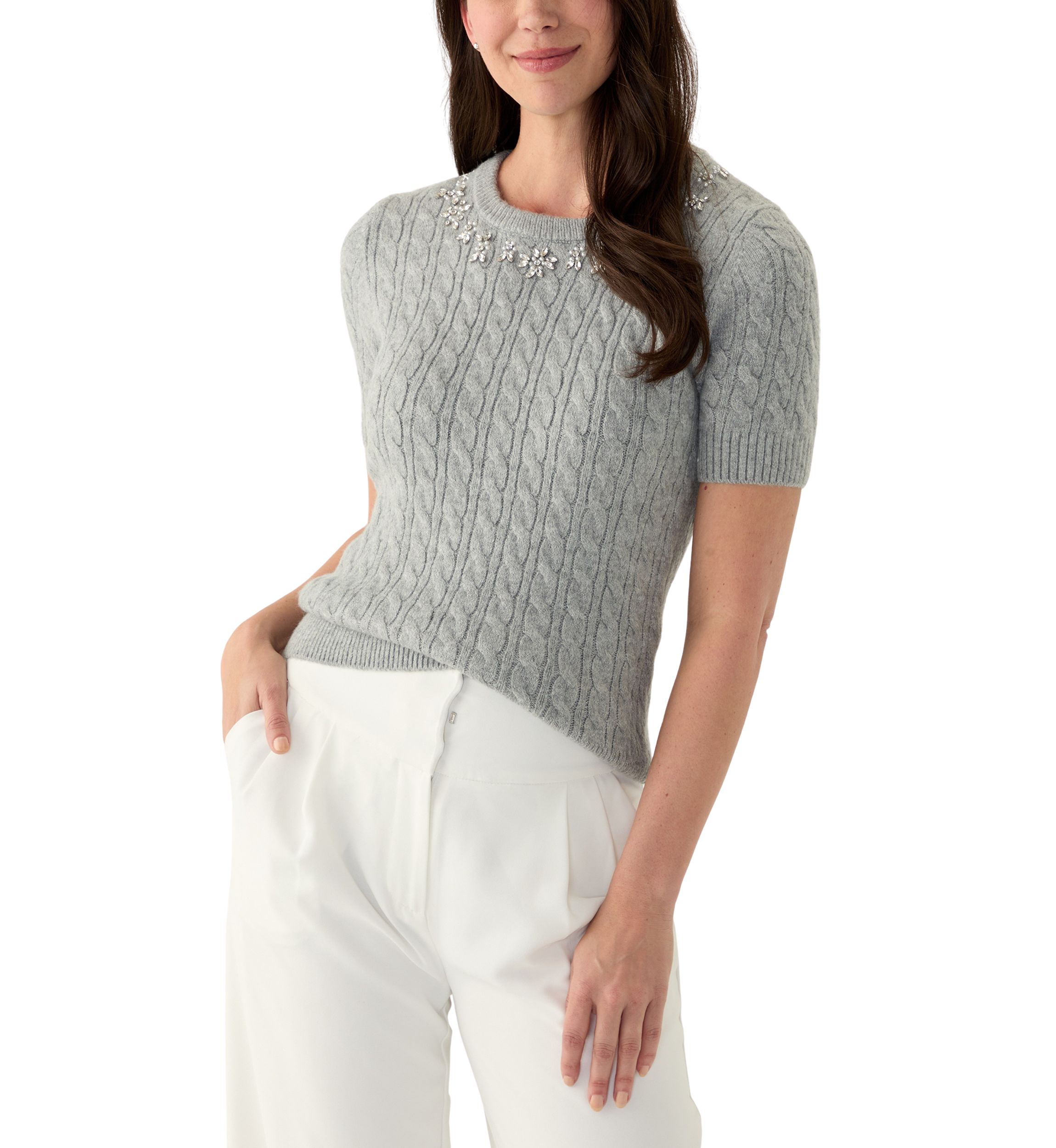Womens Short Puff Sleeve Embroidered Cable Sweater