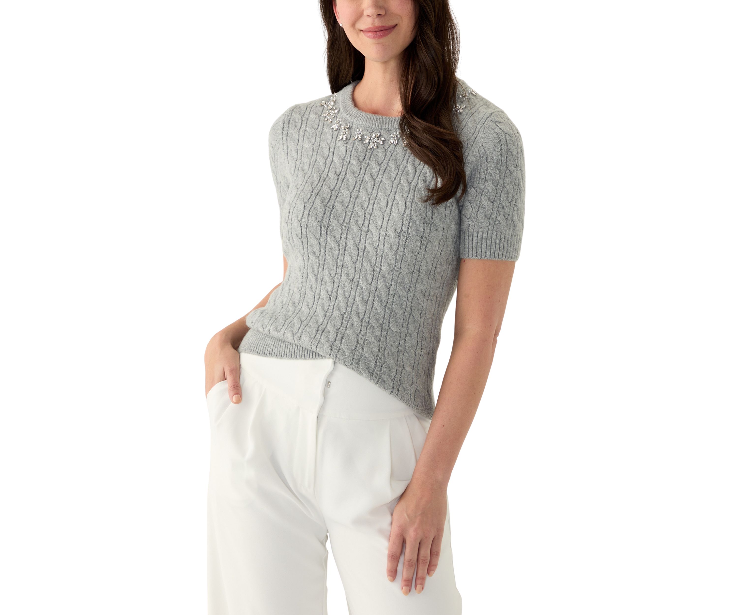 Womens Short Puff Sleeve Embroidered Cable Sweater