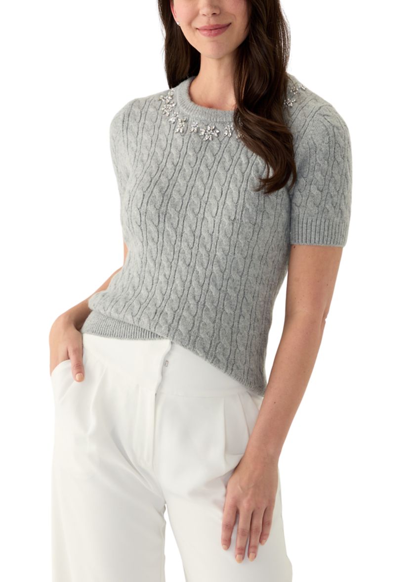 Womens Short Puff Sleeve Embroidered Cable Sweater