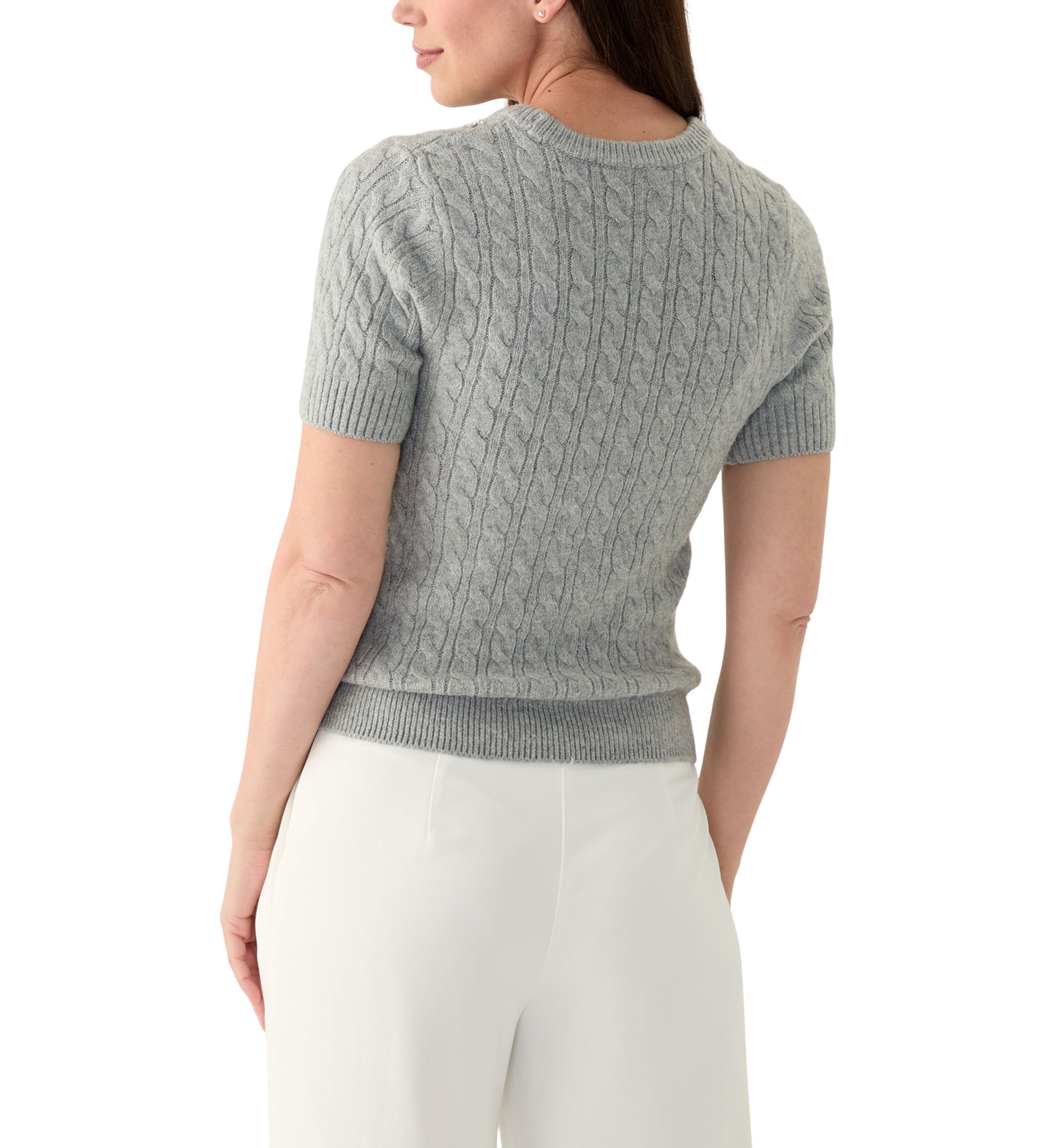 Womens Short Puff Sleeve Embroidered Cable Sweater