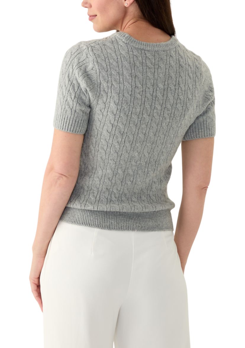 Womens Short Puff Sleeve Embroidered Cable Sweater