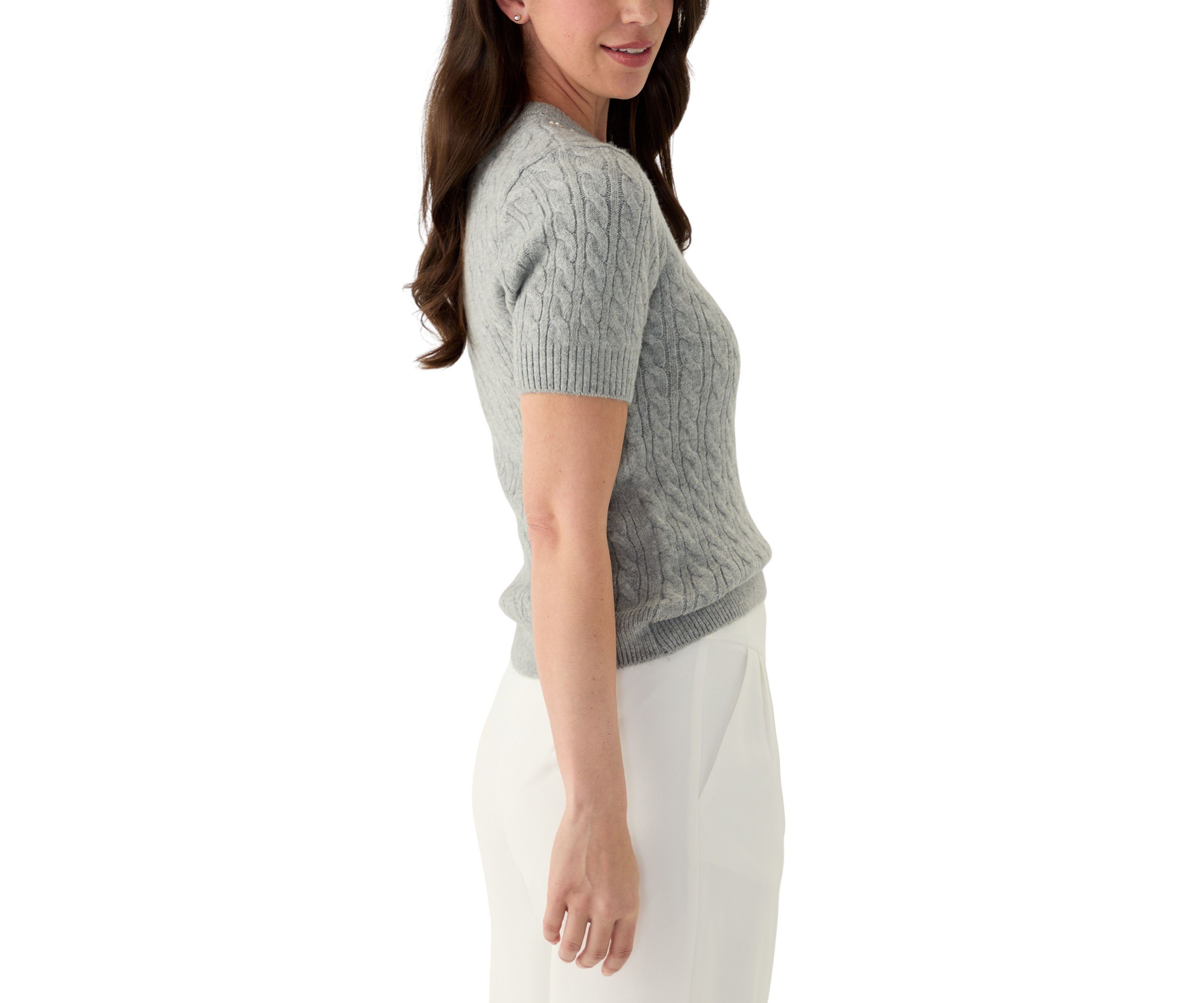 Womens Short Puff Sleeve Embroidered Cable Sweater