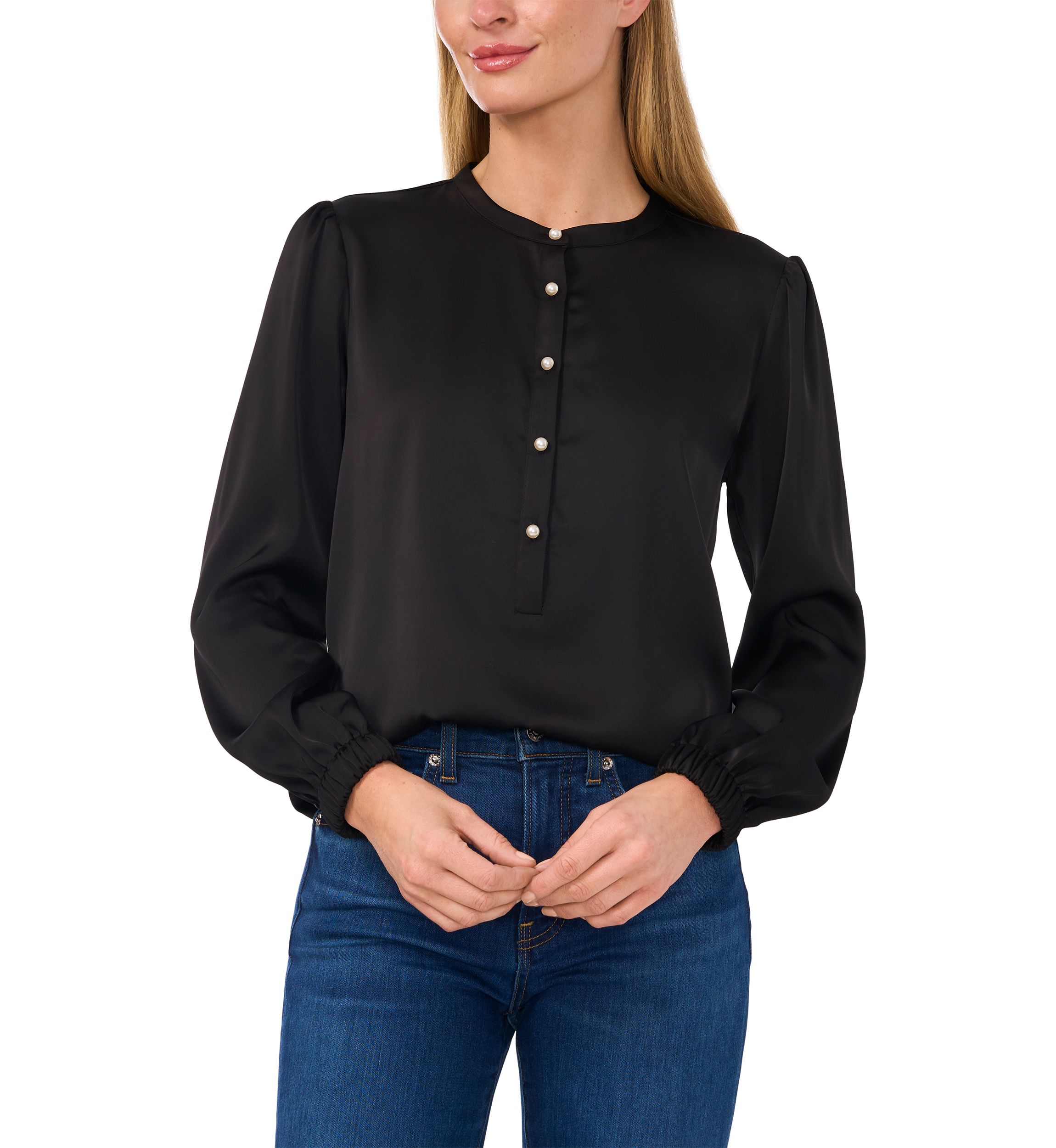 Womens Long Sleeve Henley Satin Blouse