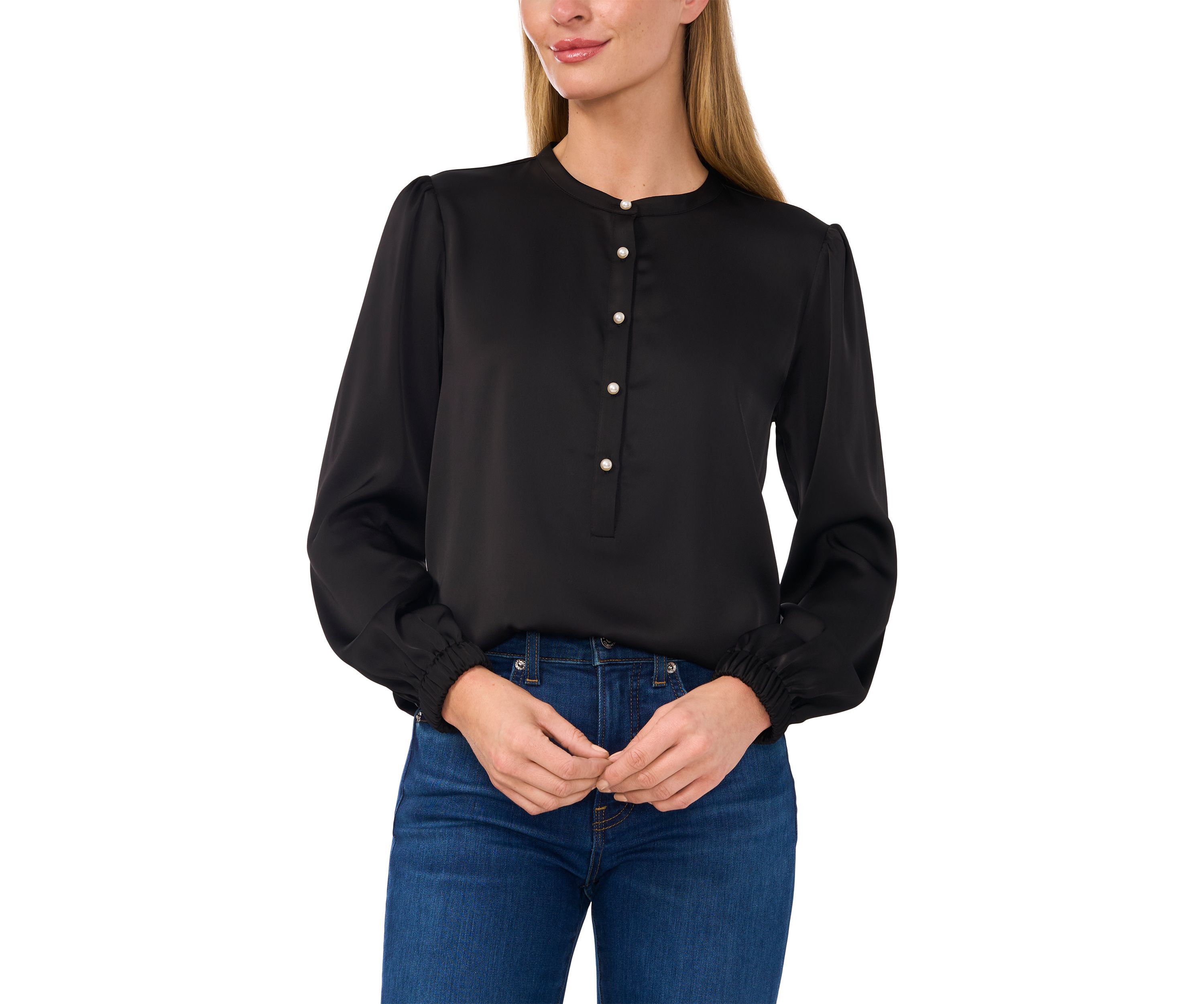 Womens Long Sleeve Henley Satin Blouse
