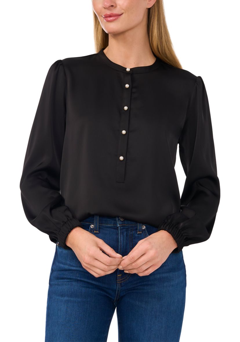 Womens Long Sleeve Henley Satin Blouse