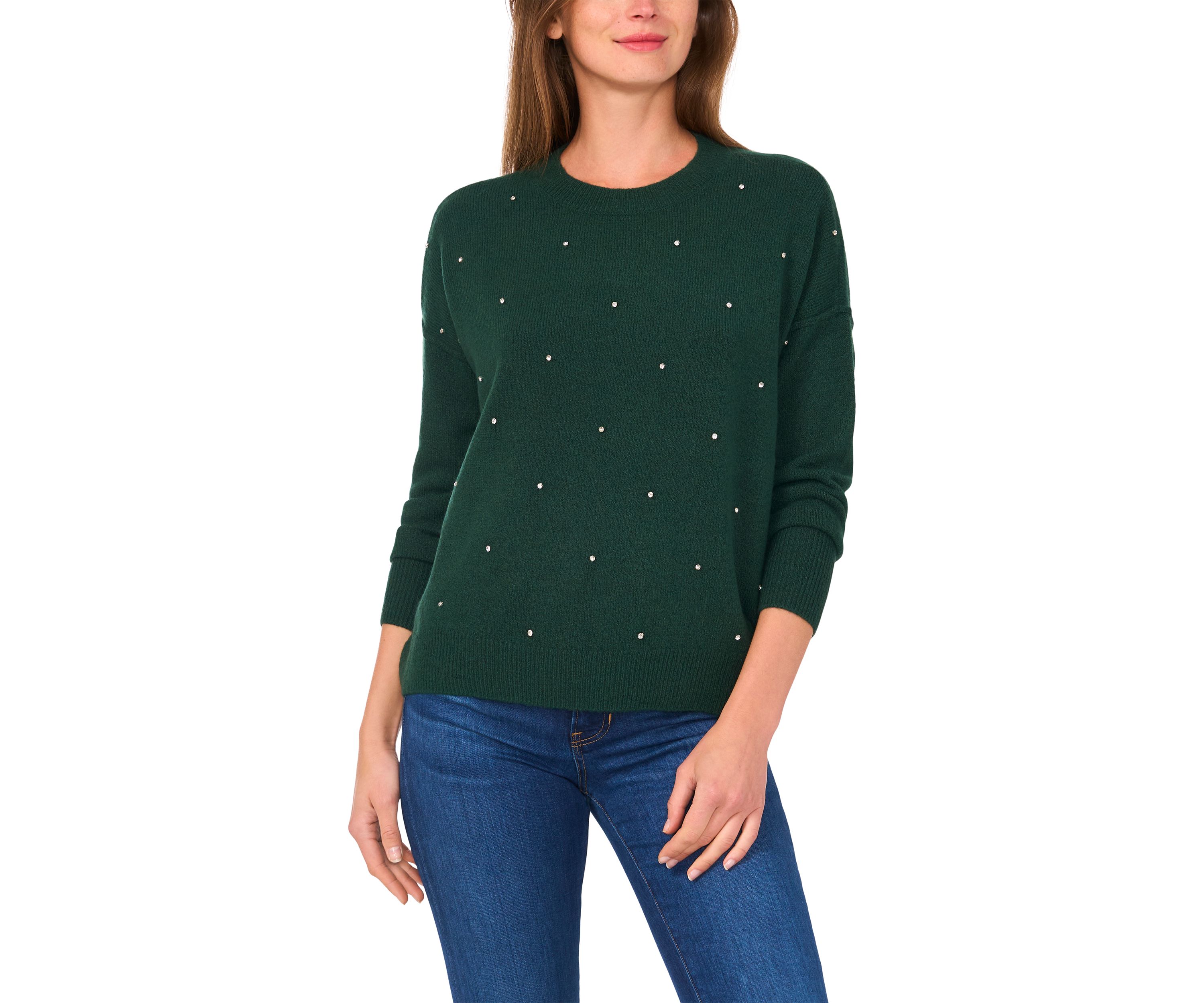 Petite Rhinestone Crew Neck Sweater
