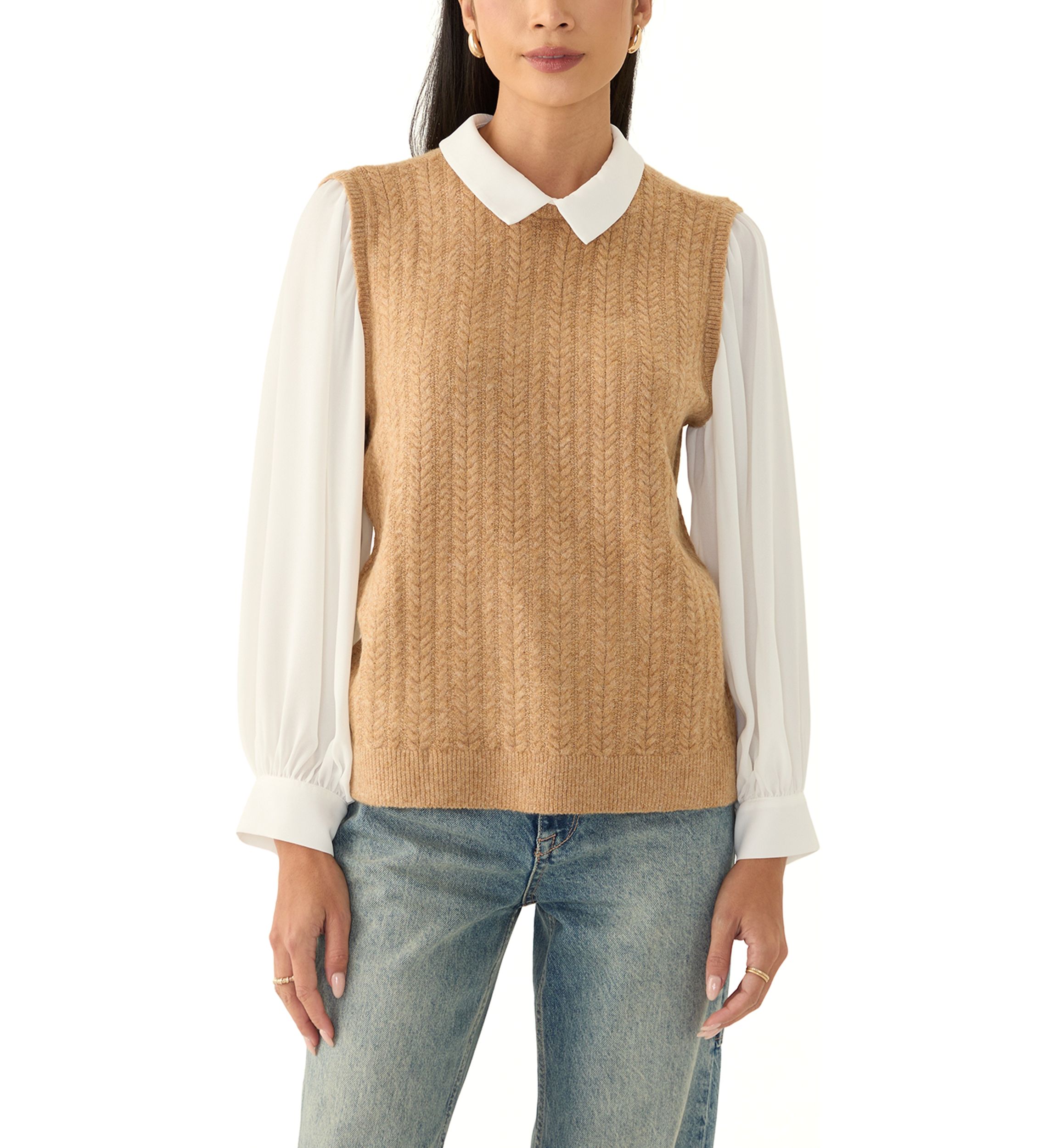 Petite 2Fer Cozy Cable Vest with Woven Sleeves