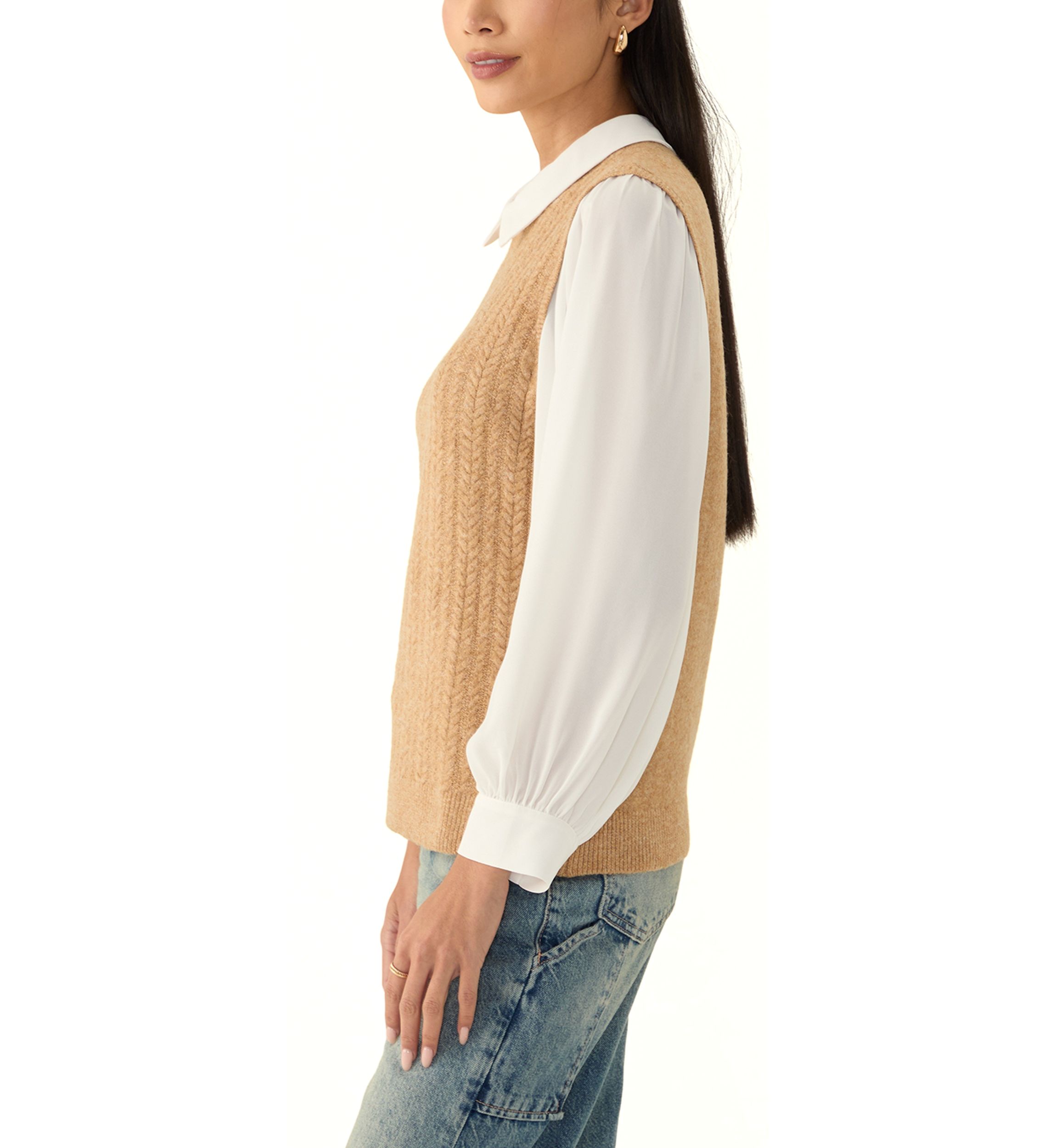 Petite 2Fer Cozy Cable Vest with Woven Sleeves