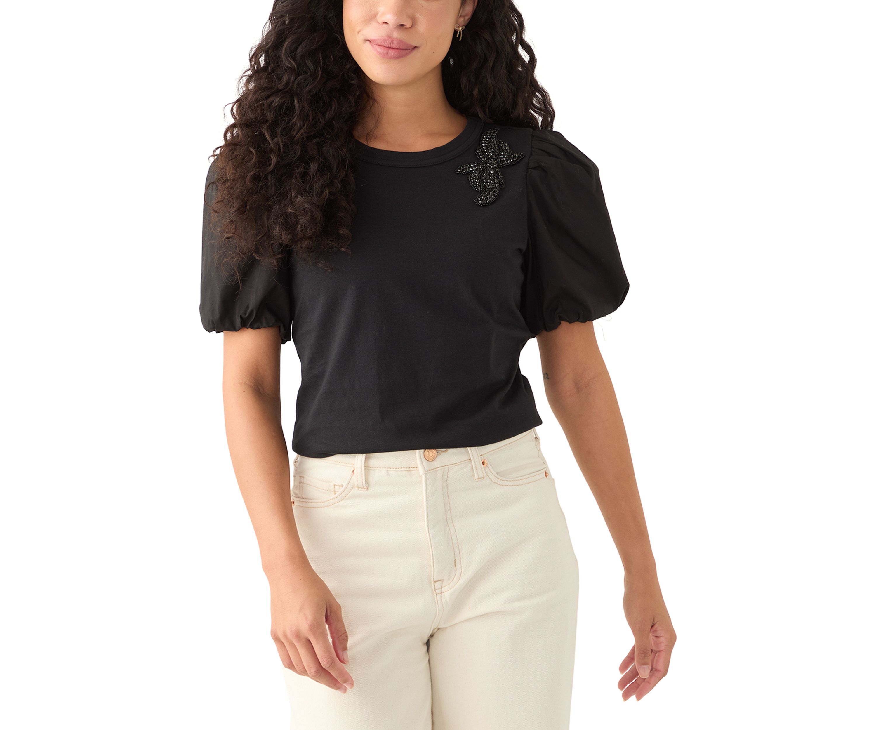 Petite Short Puff Sleeve Mixed Media Top 