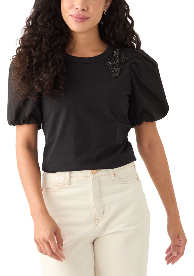 Petite Short Puff Sleeve Mixed Media Top 