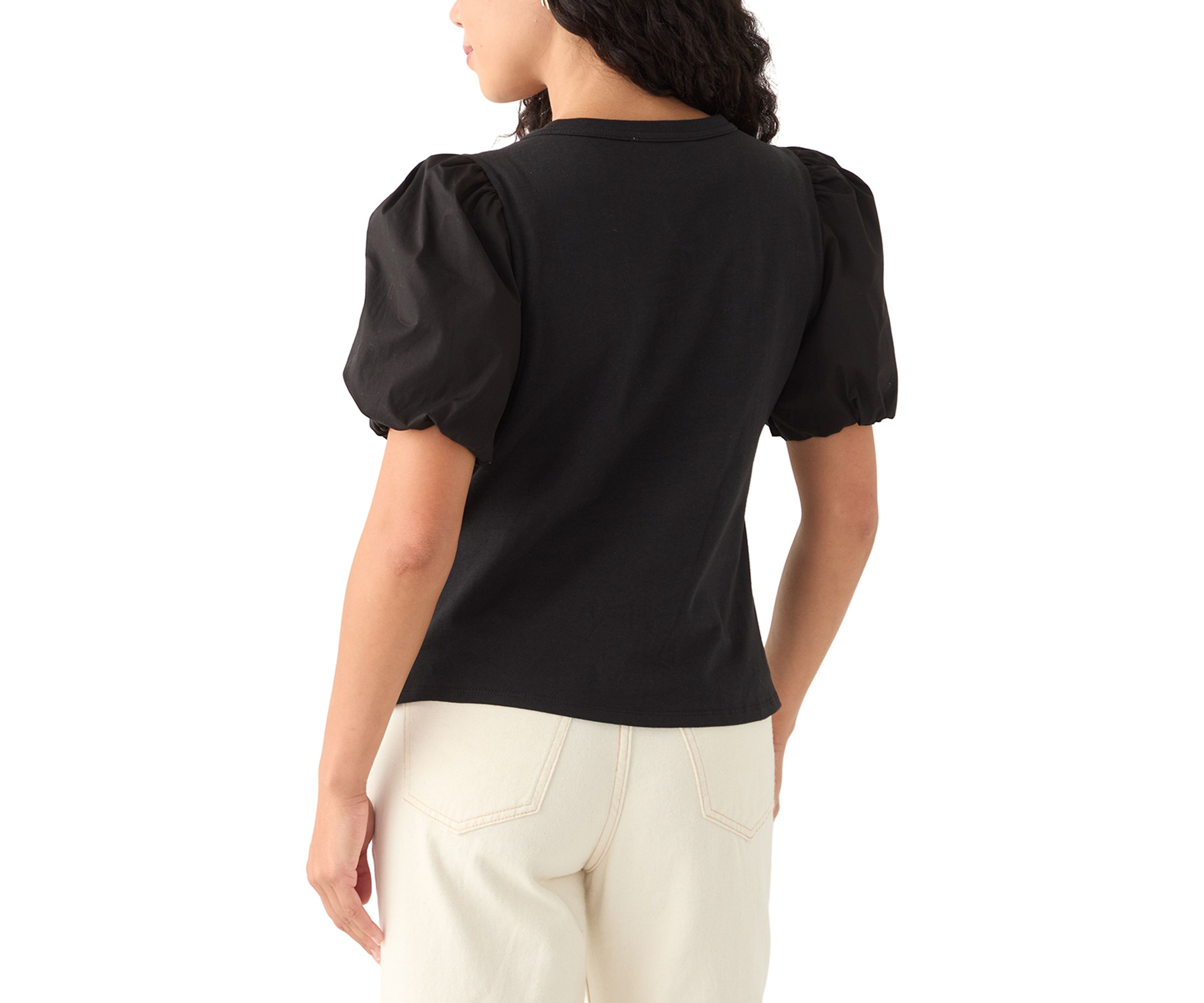 Petite Short Puff Sleeve Mixed Media Top 