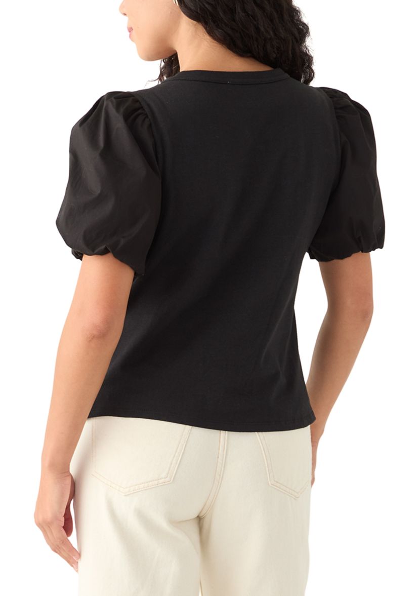 Petite Short Puff Sleeve Mixed Media Top 