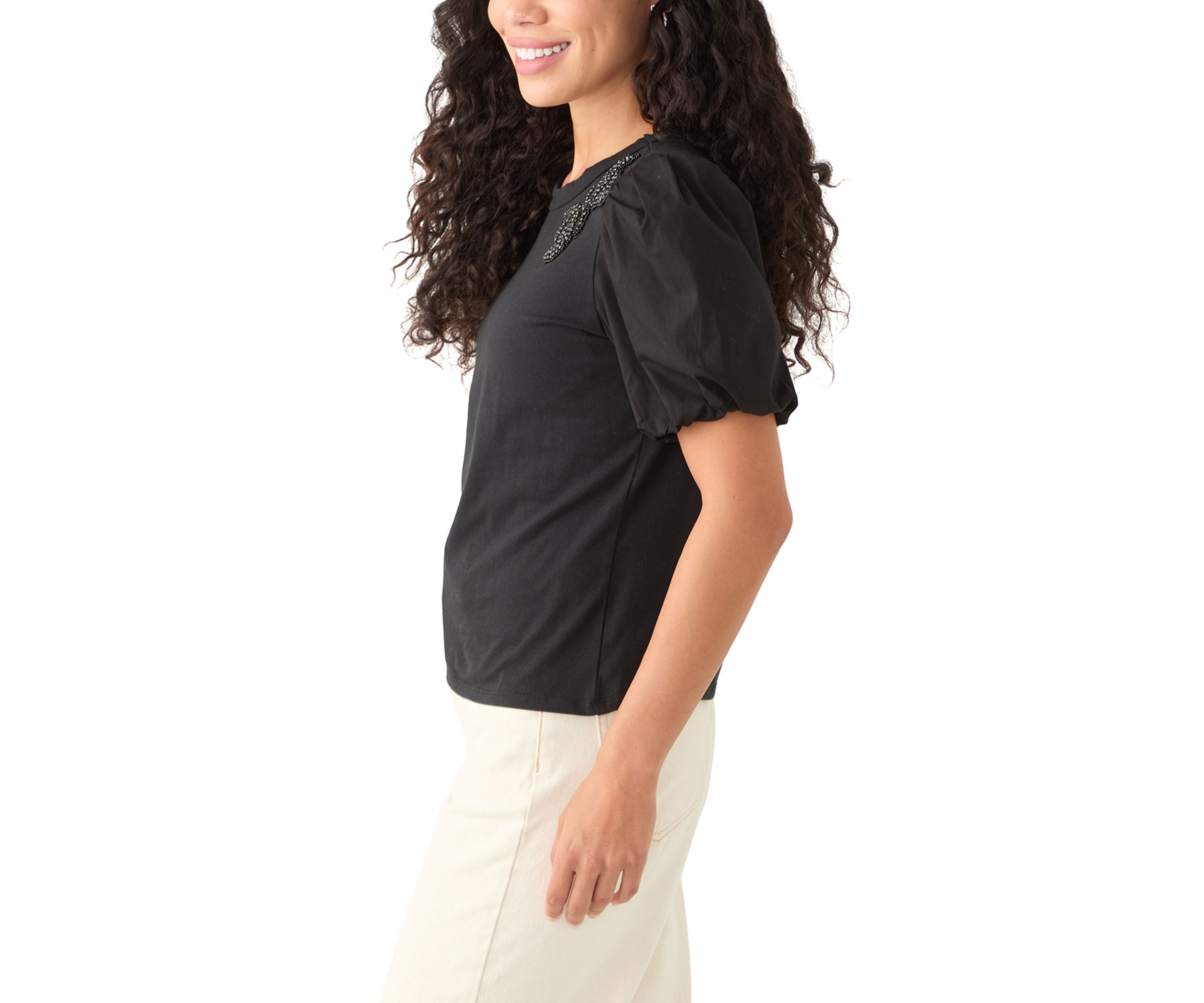 Petite Short Puff Sleeve Mixed Media Top 