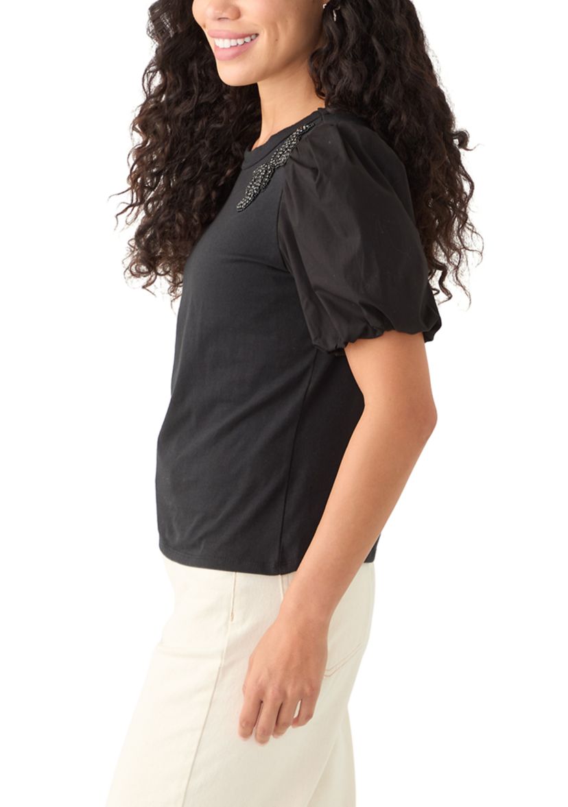 Petite Short Puff Sleeve Mixed Media Top 