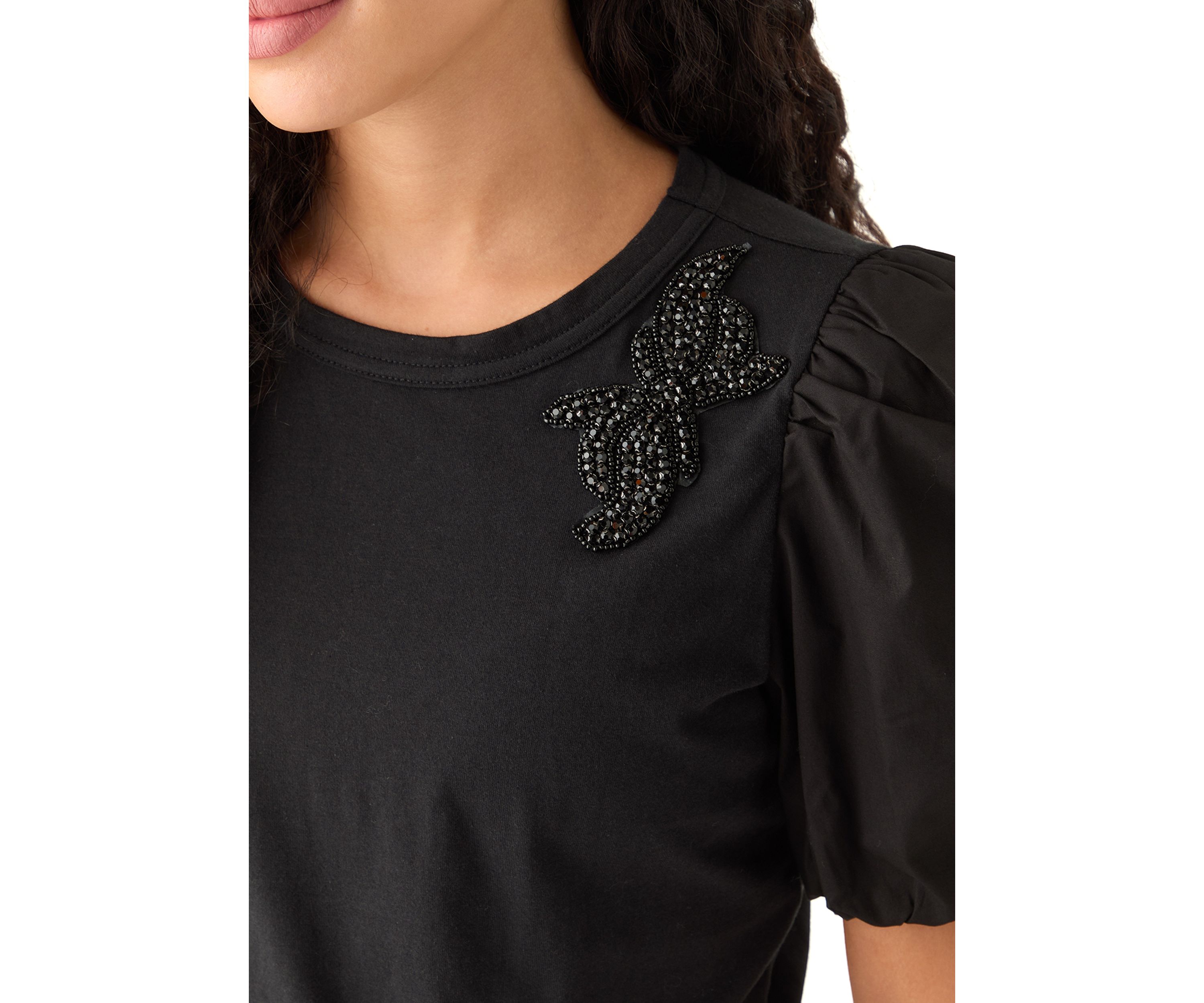 Petite Short Puff Sleeve Mixed Media Top 