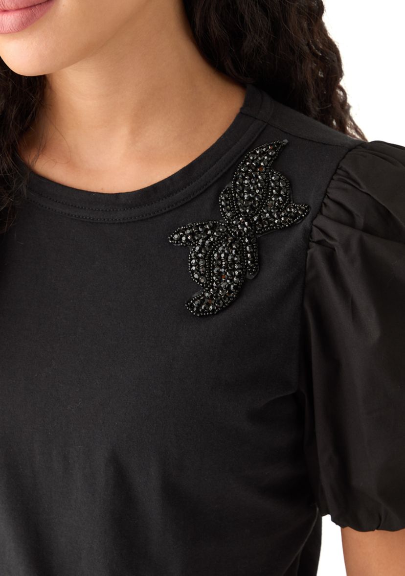 Petite Short Puff Sleeve Mixed Media Top 