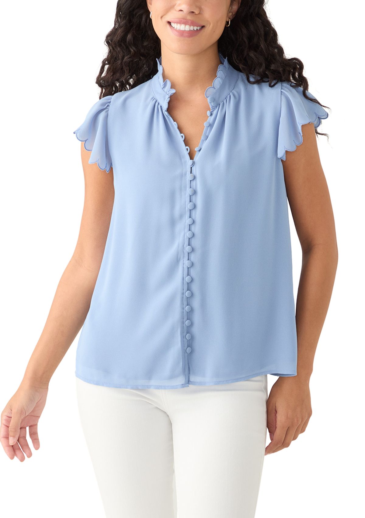 Petite Scallop Sleeve Button Front Top 