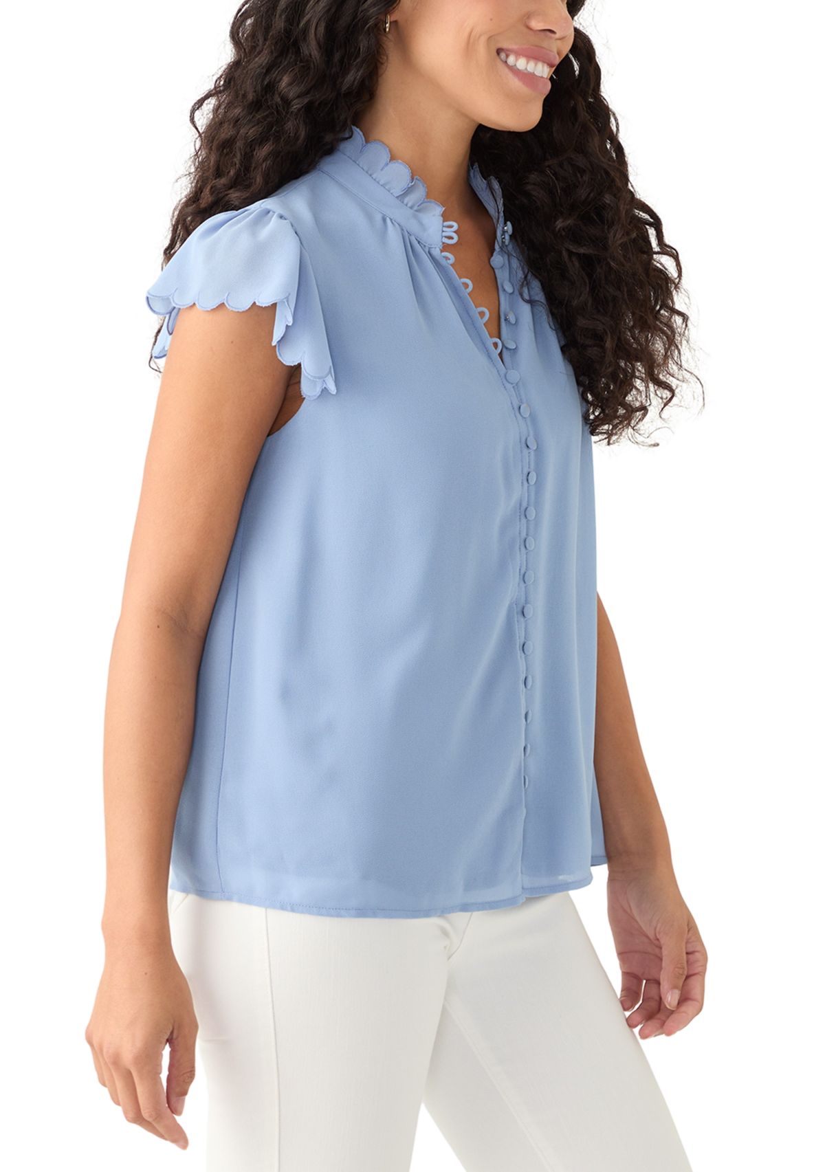 Petite Scallop Sleeve Button Front Top 