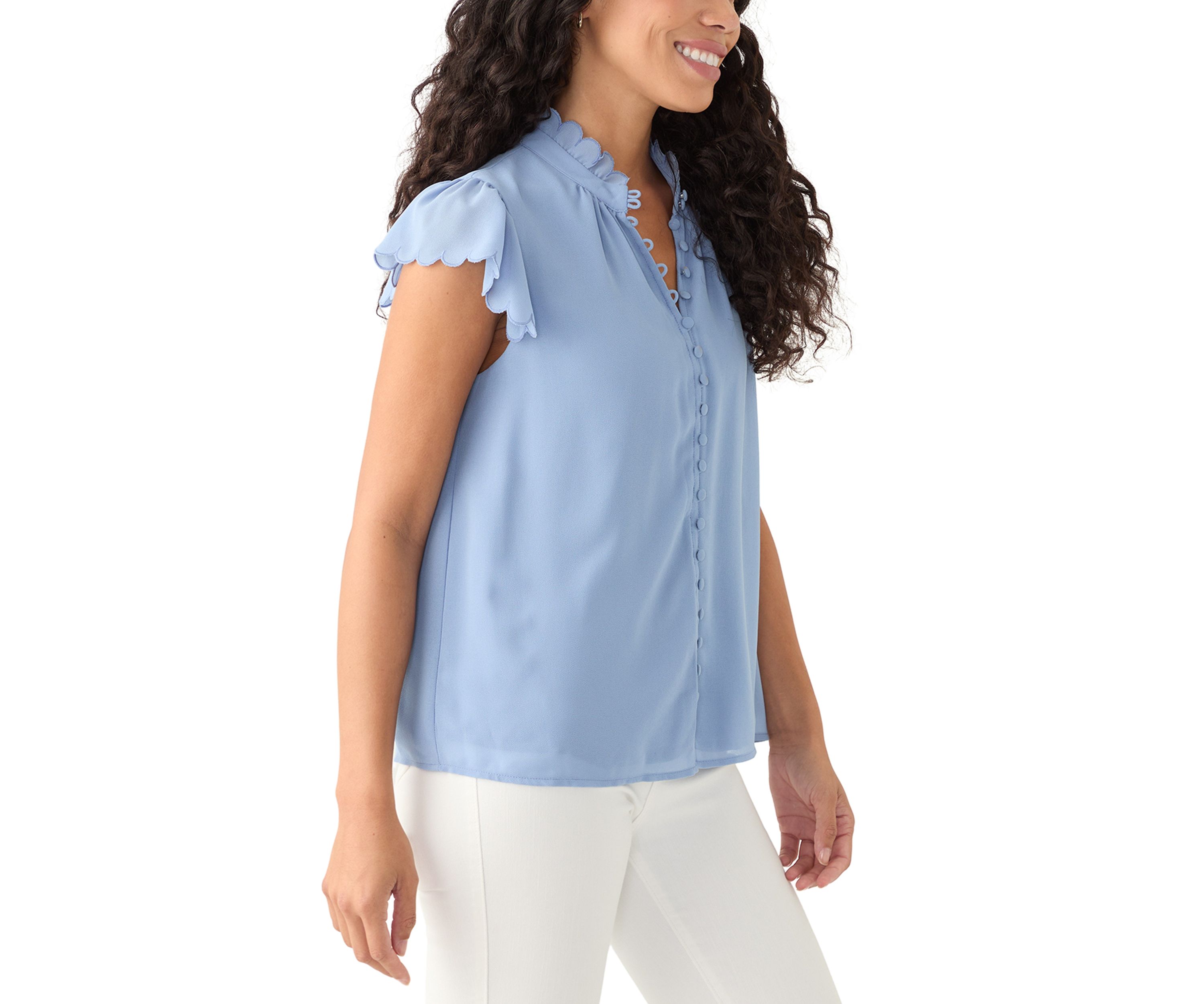 Petite Scallop Sleeve Button Front Top 