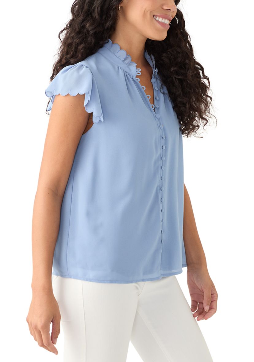 Petite Scallop Sleeve Button Front Top 
