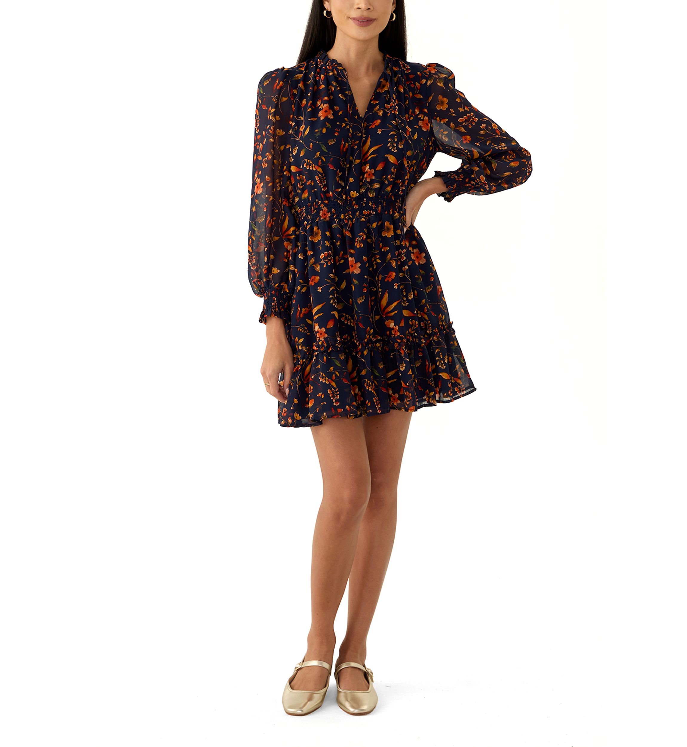 Petite Blouson Sleeve Tie Neck Mini Dress
