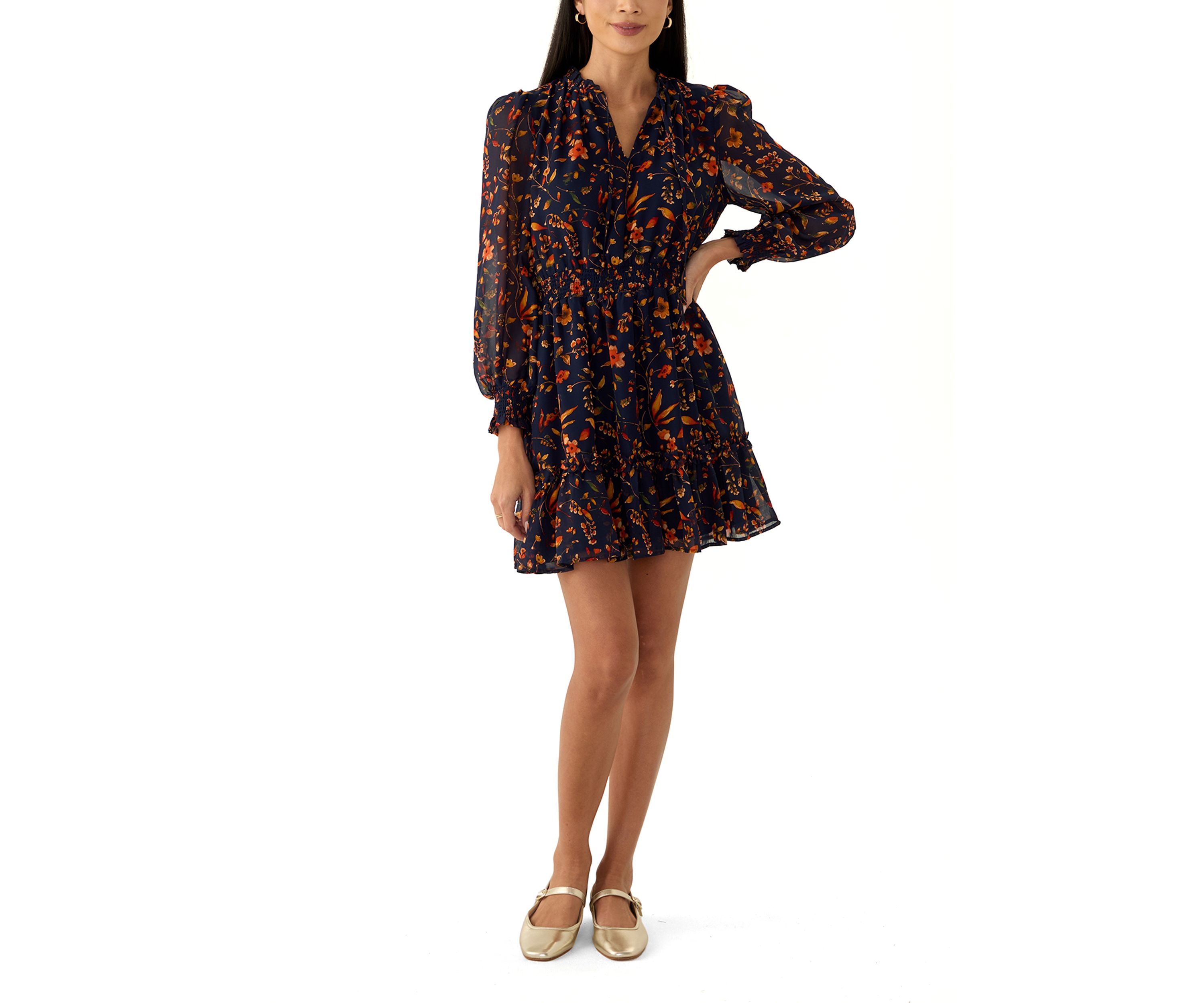 Petite Blouson Sleeve Tie Neck Mini Dress