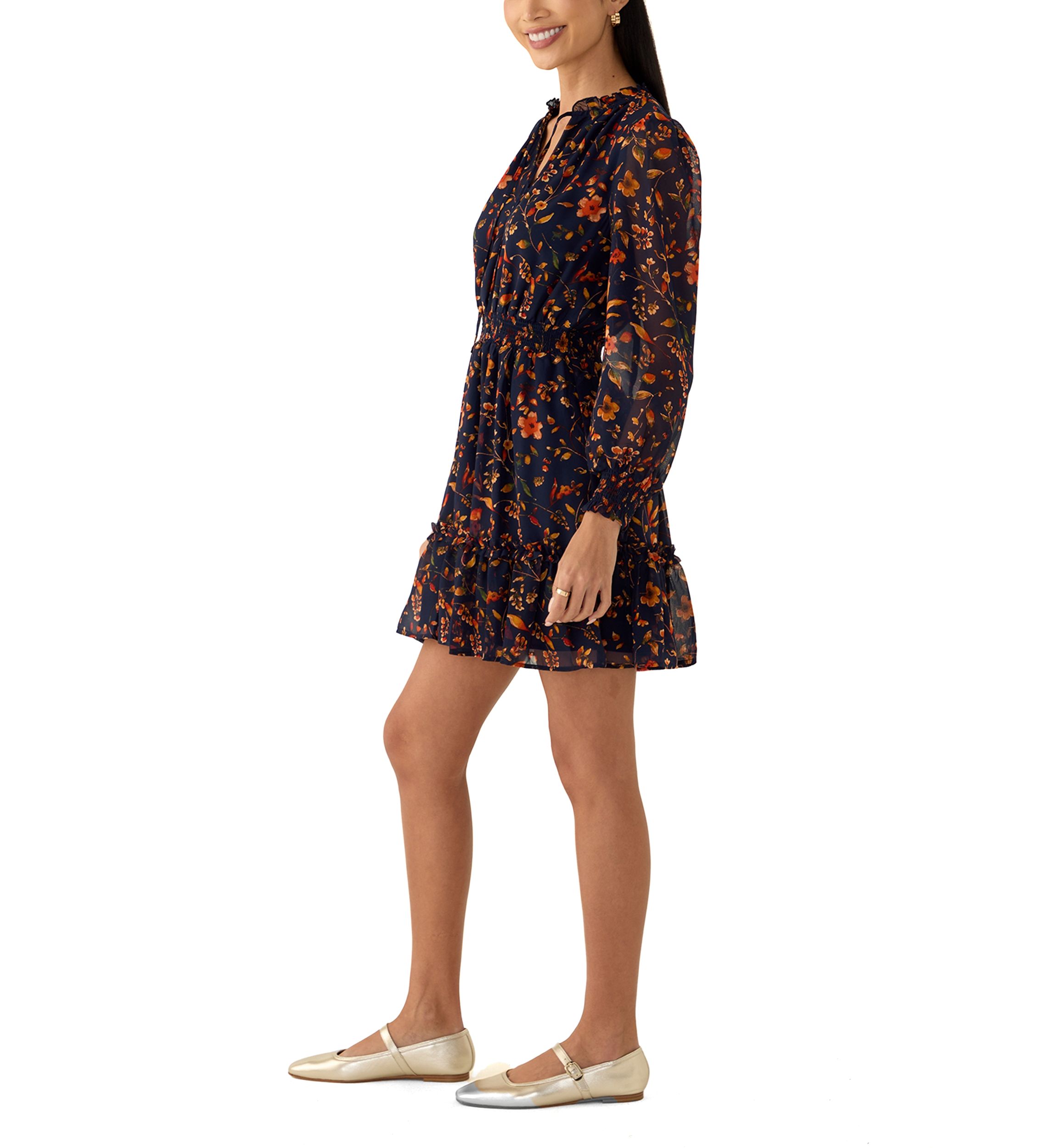Petite Blouson Sleeve Tie Neck Mini Dress