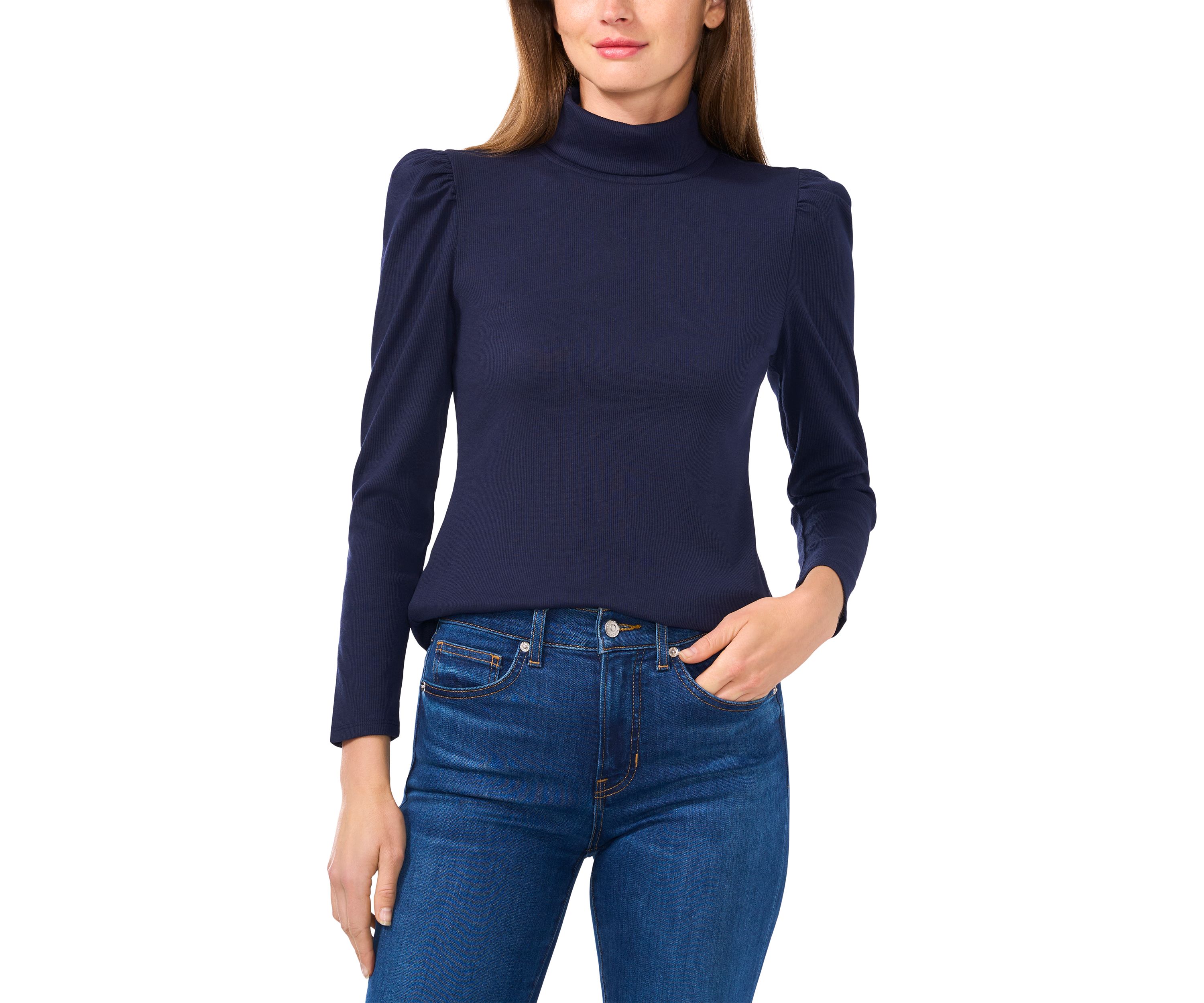 Petite Rib Knit Puff Sleeve Turtleneck Sweater 