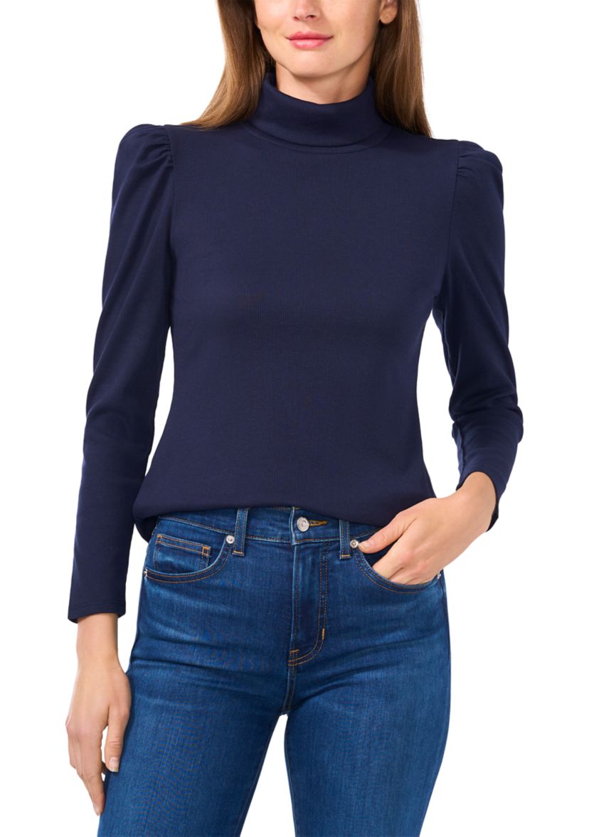 Petite Rib Knit Puff Sleeve Turtleneck Sweater 