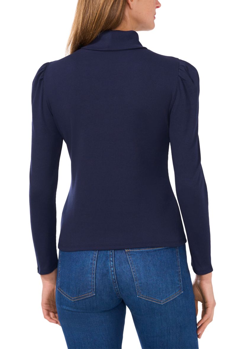 Petite Rib Knit Puff Sleeve Turtleneck Sweater 